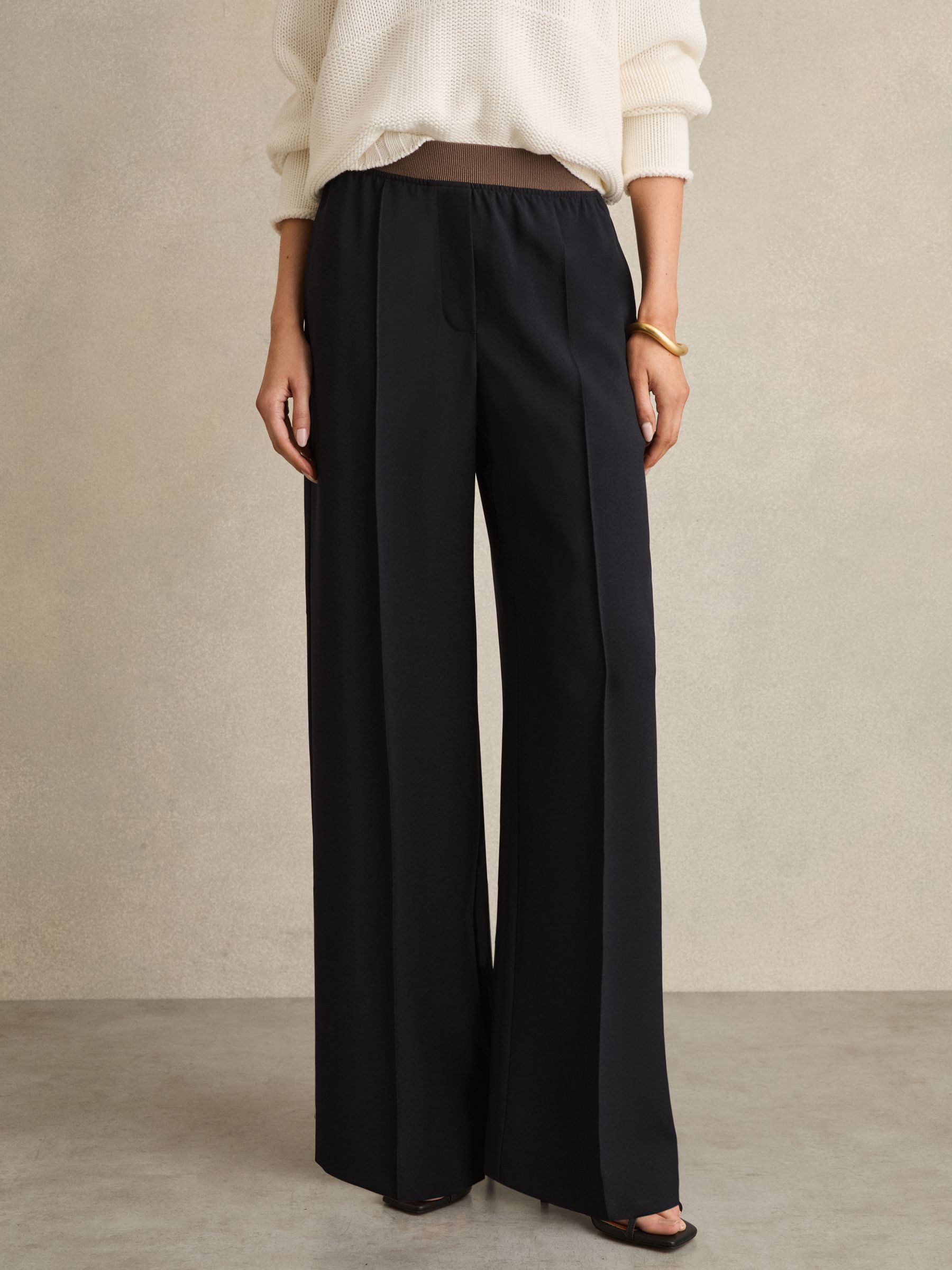 Wide-Leg Elasticated-Waist Trousers in Navy