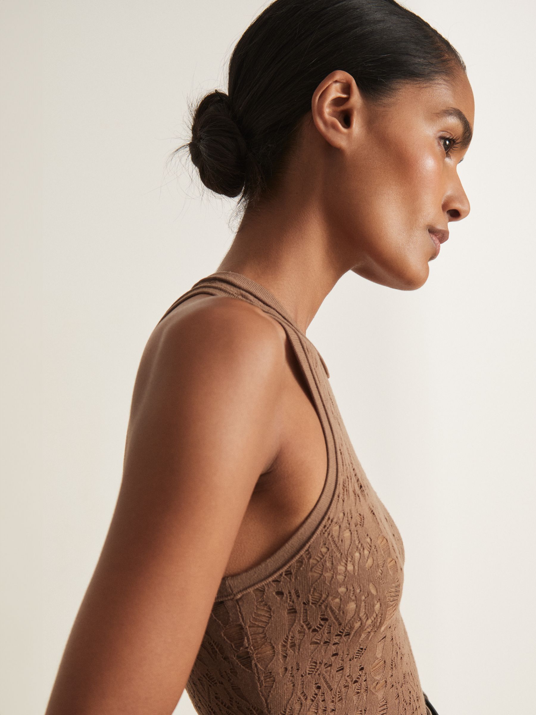 Atelier Lace-Knit High-Neck Bodysuit in Taupe