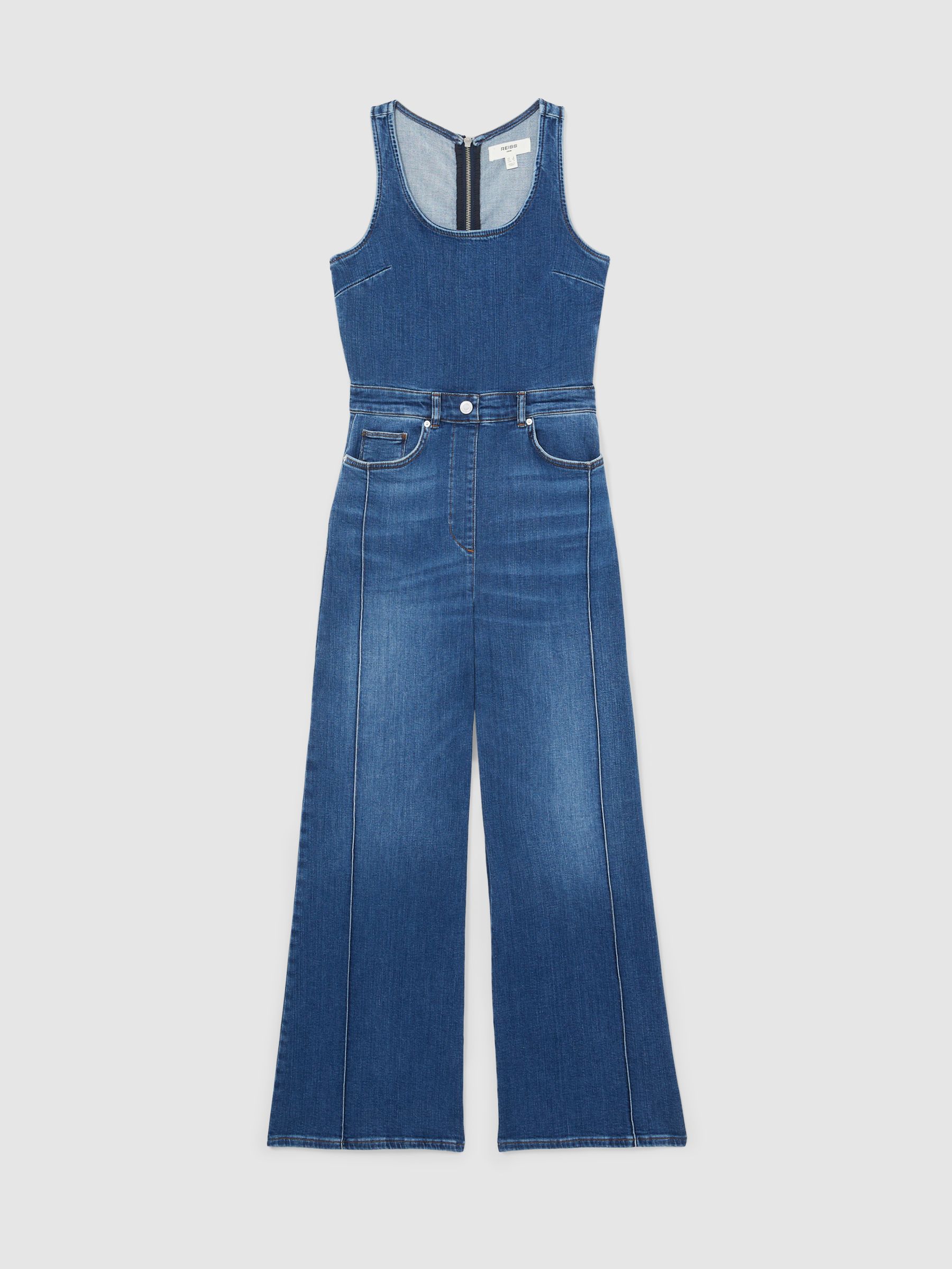 Wide-Leg Racer-Back Denim Jumpsuit in Indigo