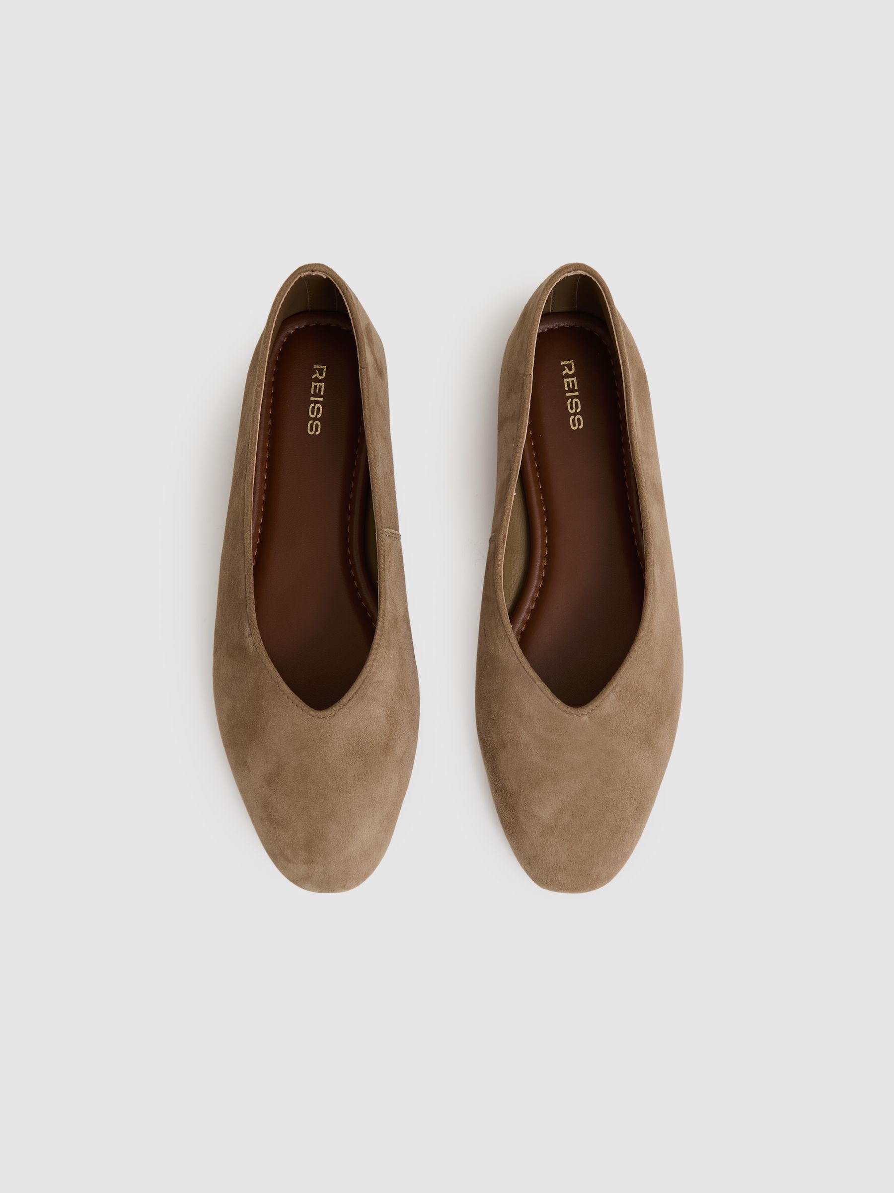 Leather Rounded-Point Toe Ballet Flats in Taupe