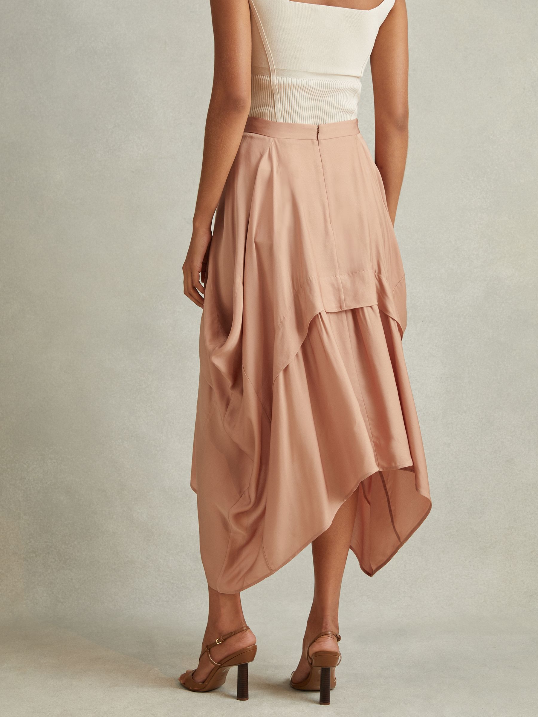 Side Pleat Asymmetric Midi Skirt in Nude