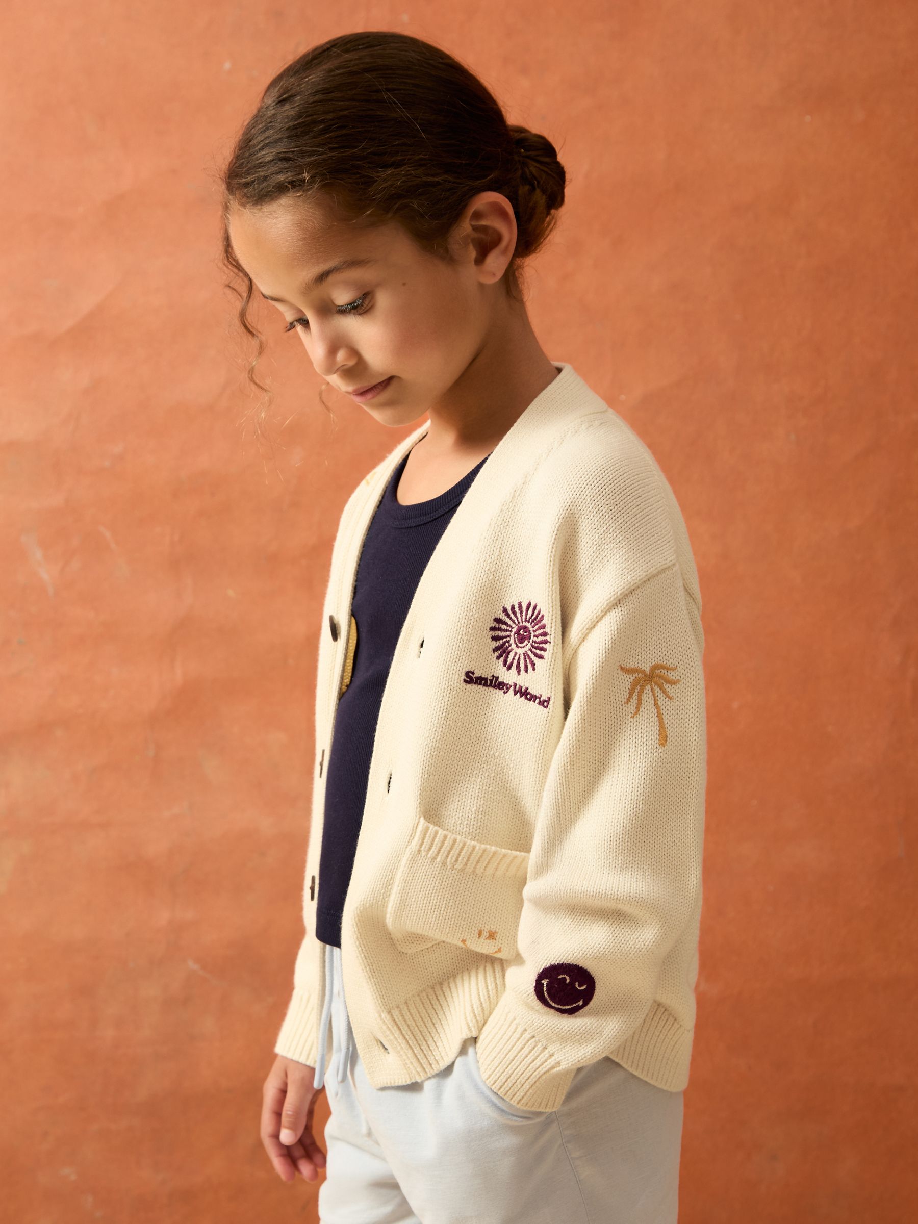13-14 yrs SmileyWorld | Reiss Embroidery Cardigan Unisex Fit in Off White