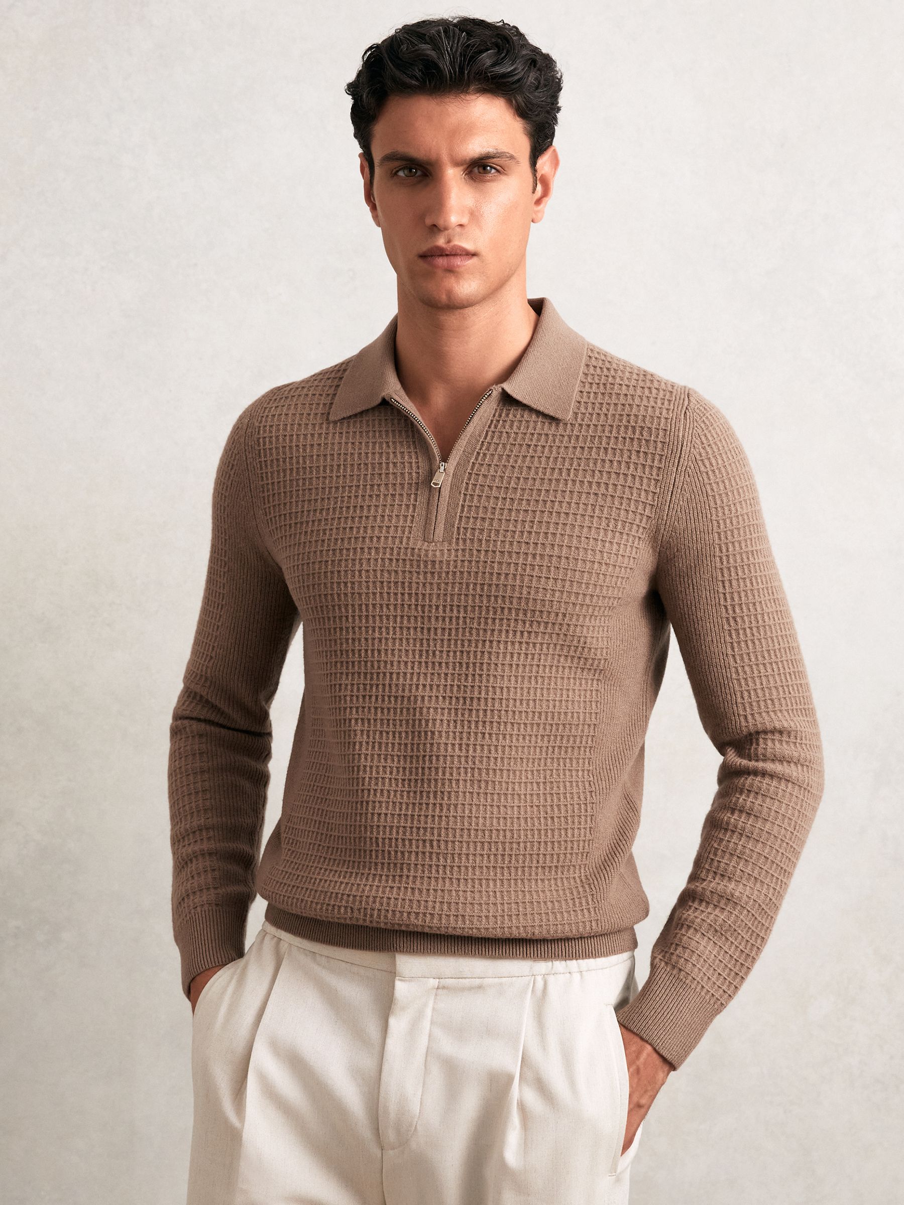 Wool Waffle-Knit Half-Zip Polo Shirt in Camel Brown