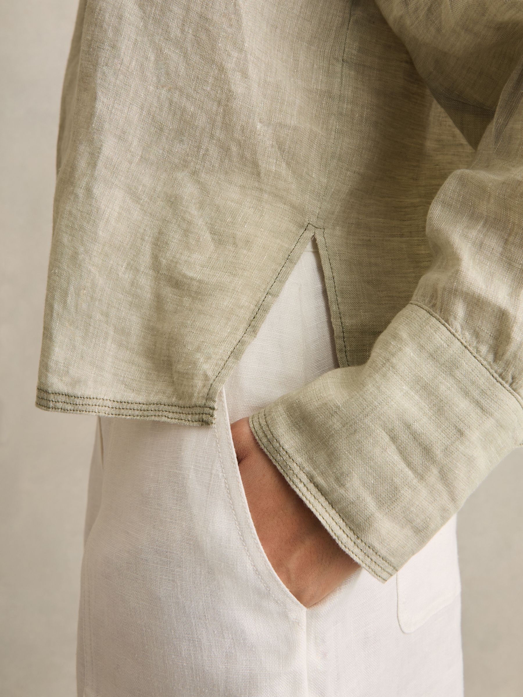 Linen Overhead Open-Collar Shirt in Sage