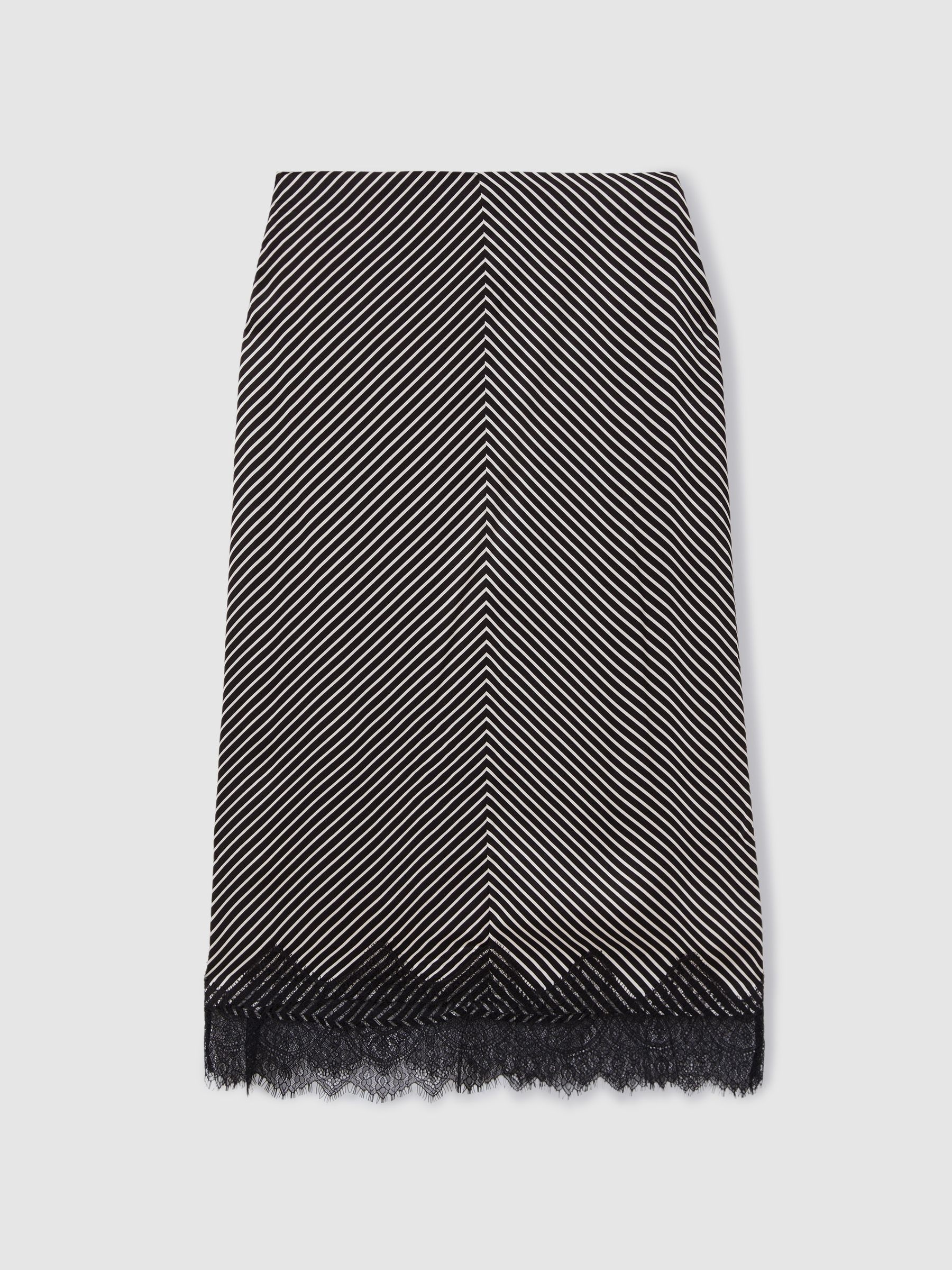 Ivy Black/Ivory Striped Lace Trim Midi Skirt