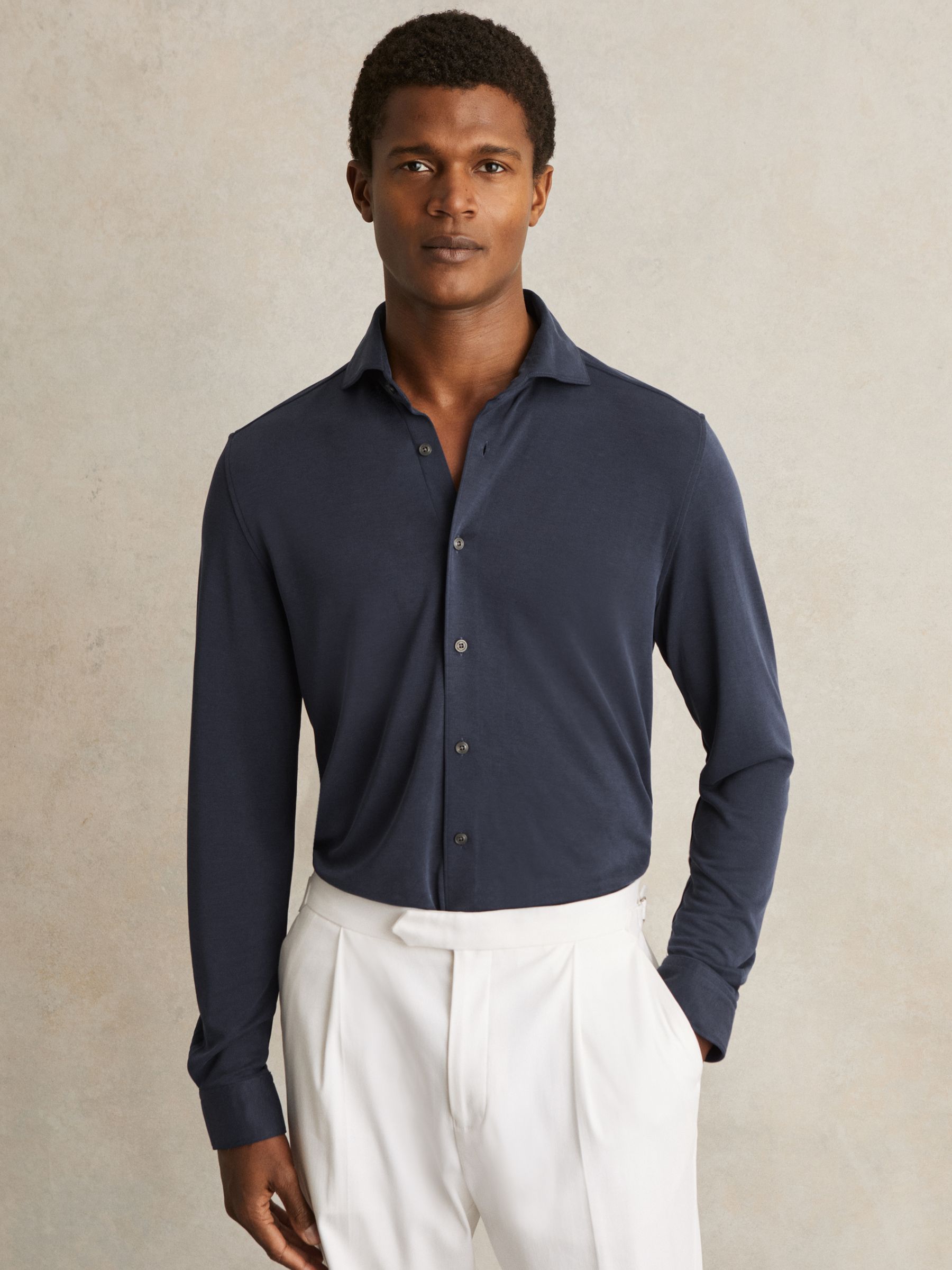Modal Blend Cutaway Collar Shirt in Navy