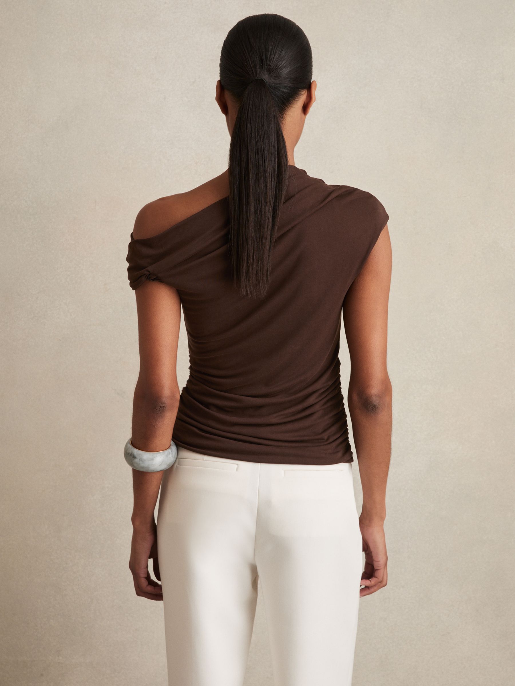 Modal-Blend Ruched Off-Shoulder Top in Chocolate Brown