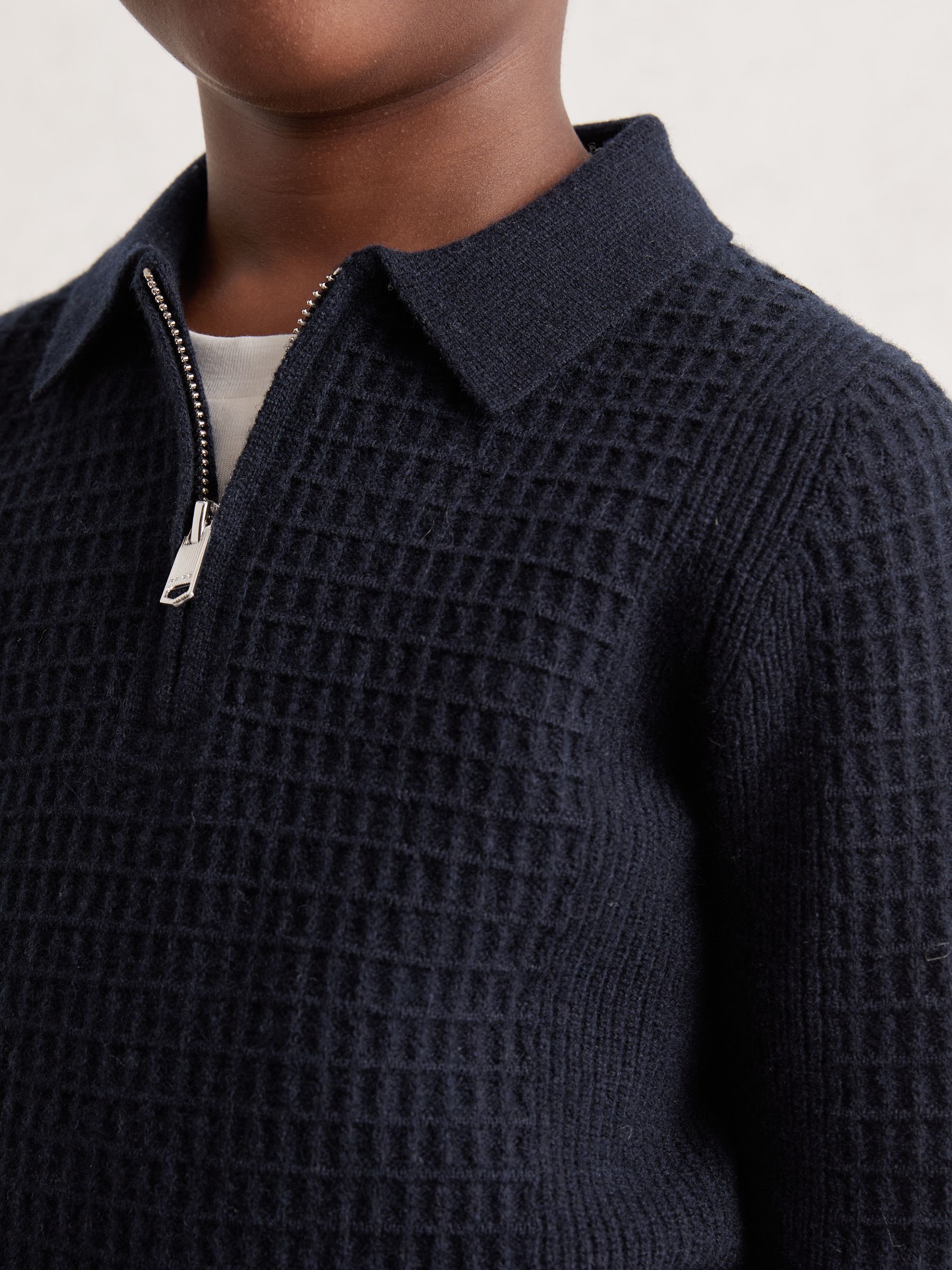 9-13 yrs Wool Waffle-Knit Half-Zip Polo Shirt in Navy Blue
