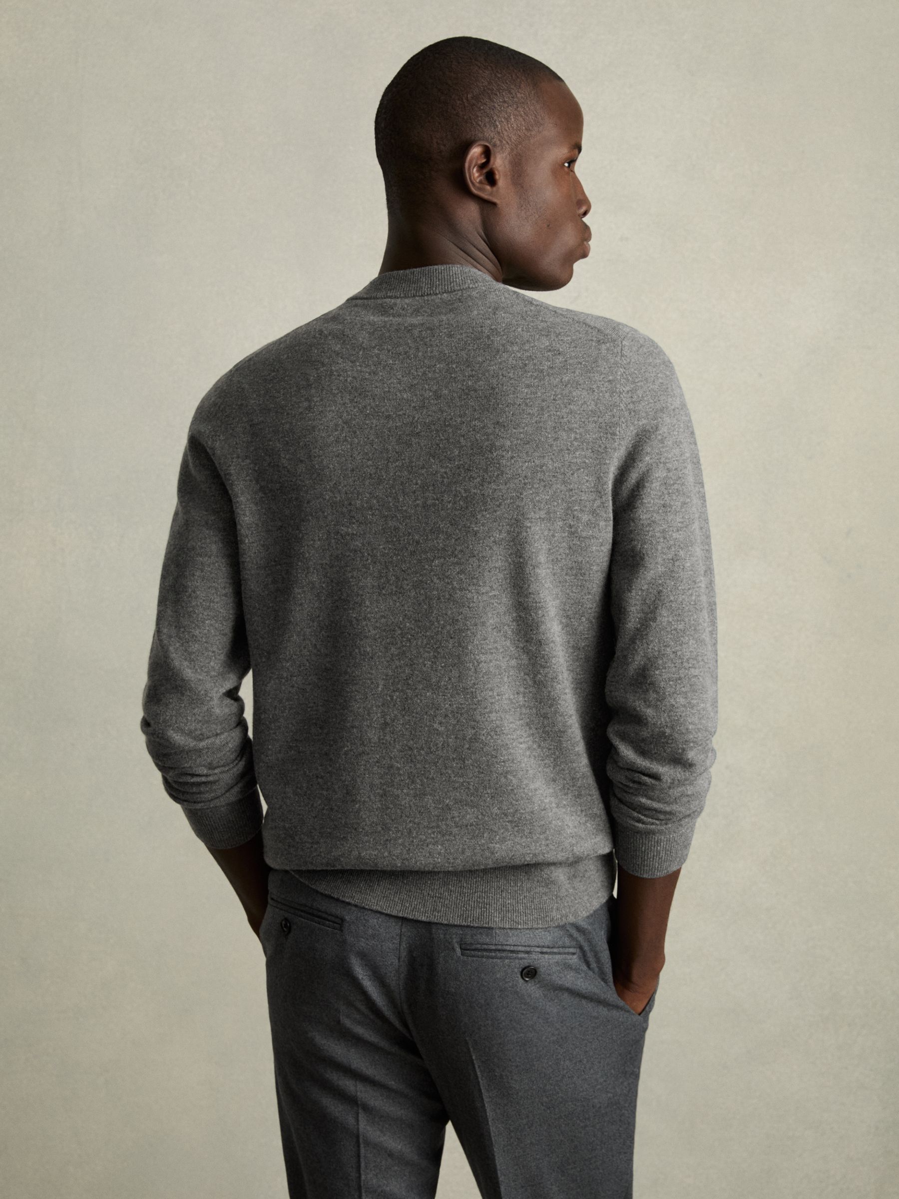 Wool Argyle Crew-Neck Jumper in Mid Grey Melange
