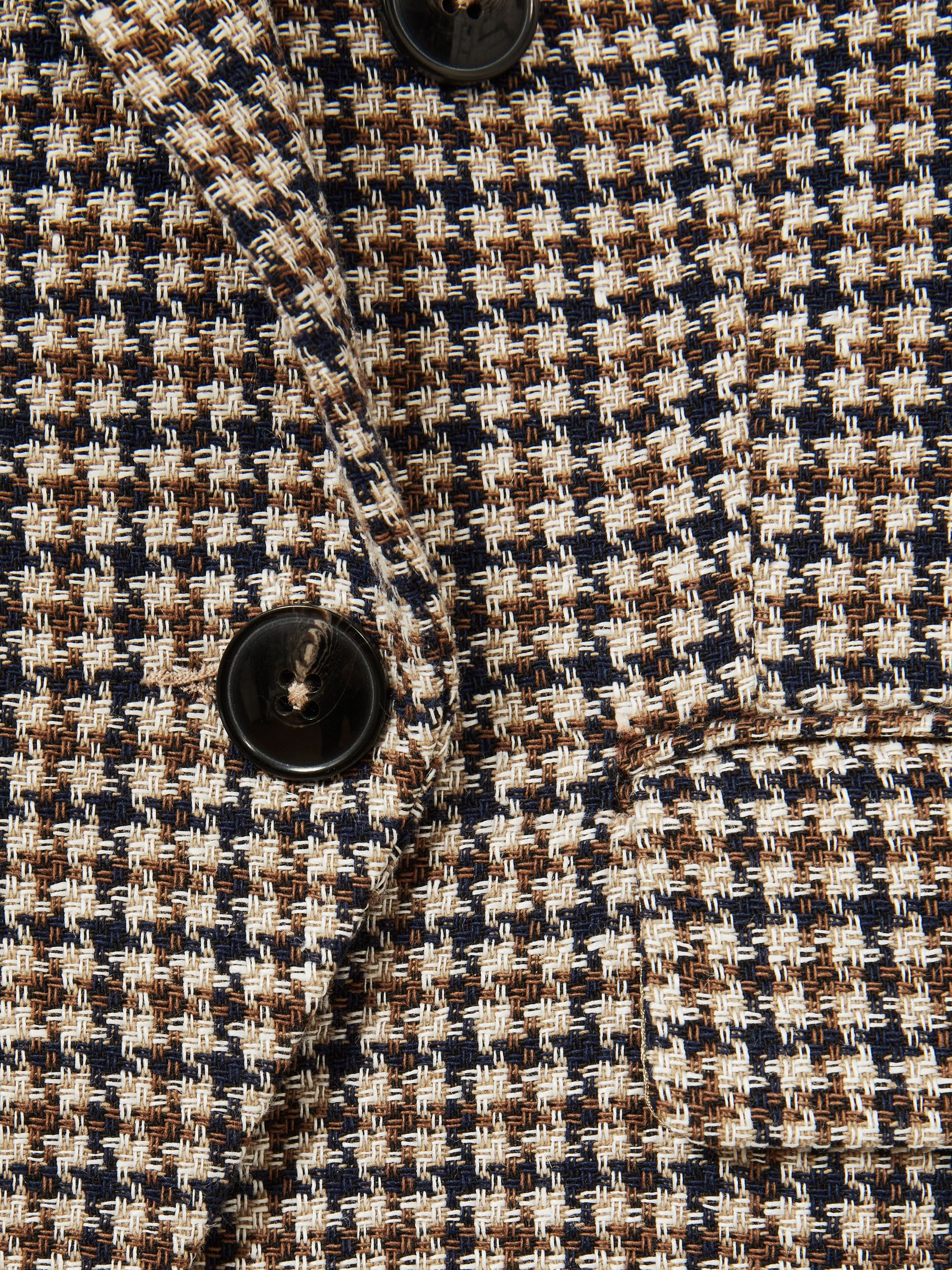 Cotton-Linen Double-Breasted Houndstooth-Check Blazer in Navy Neutral Check