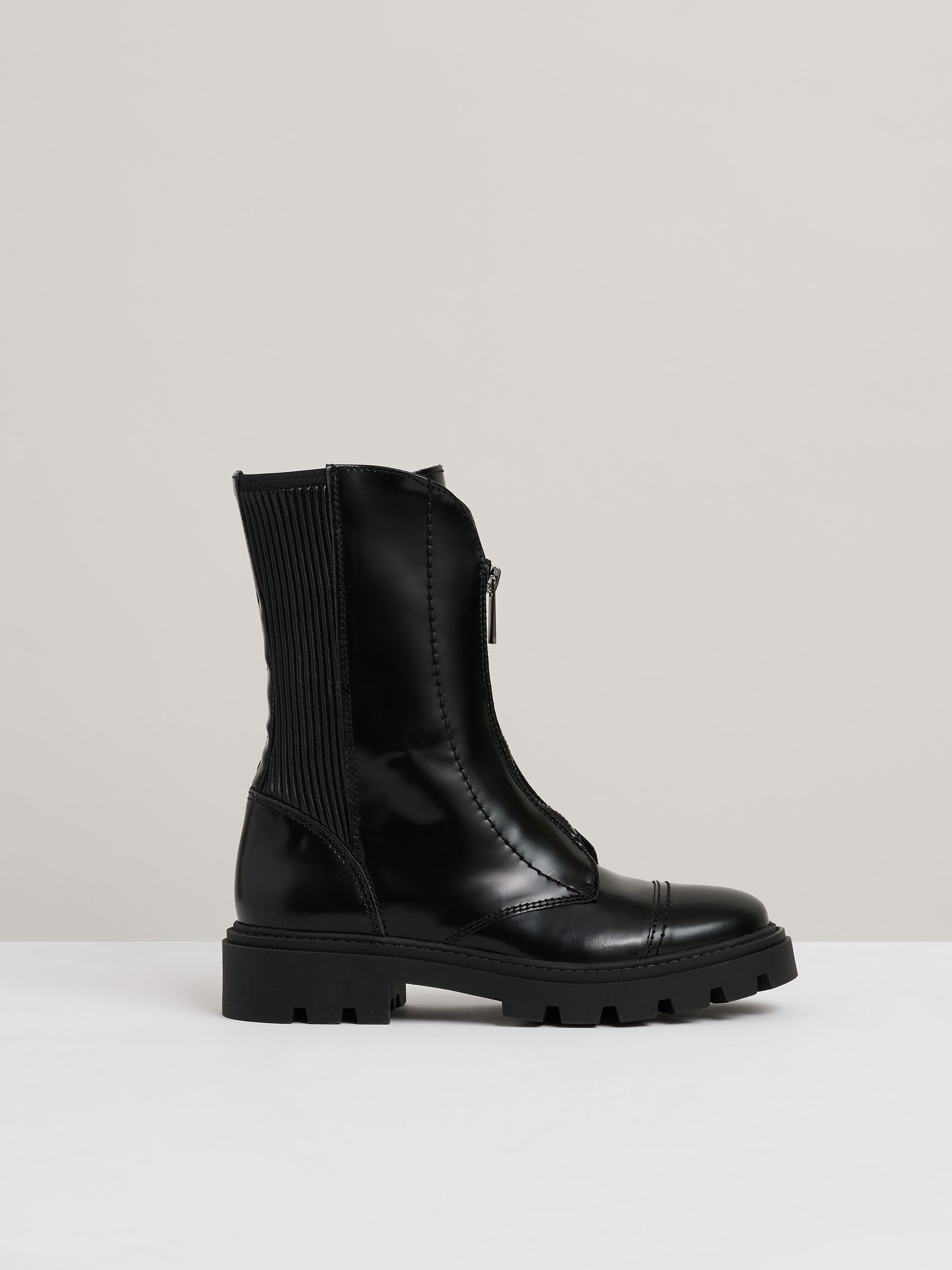 Leather Zip-Front Ankle Boots in Black