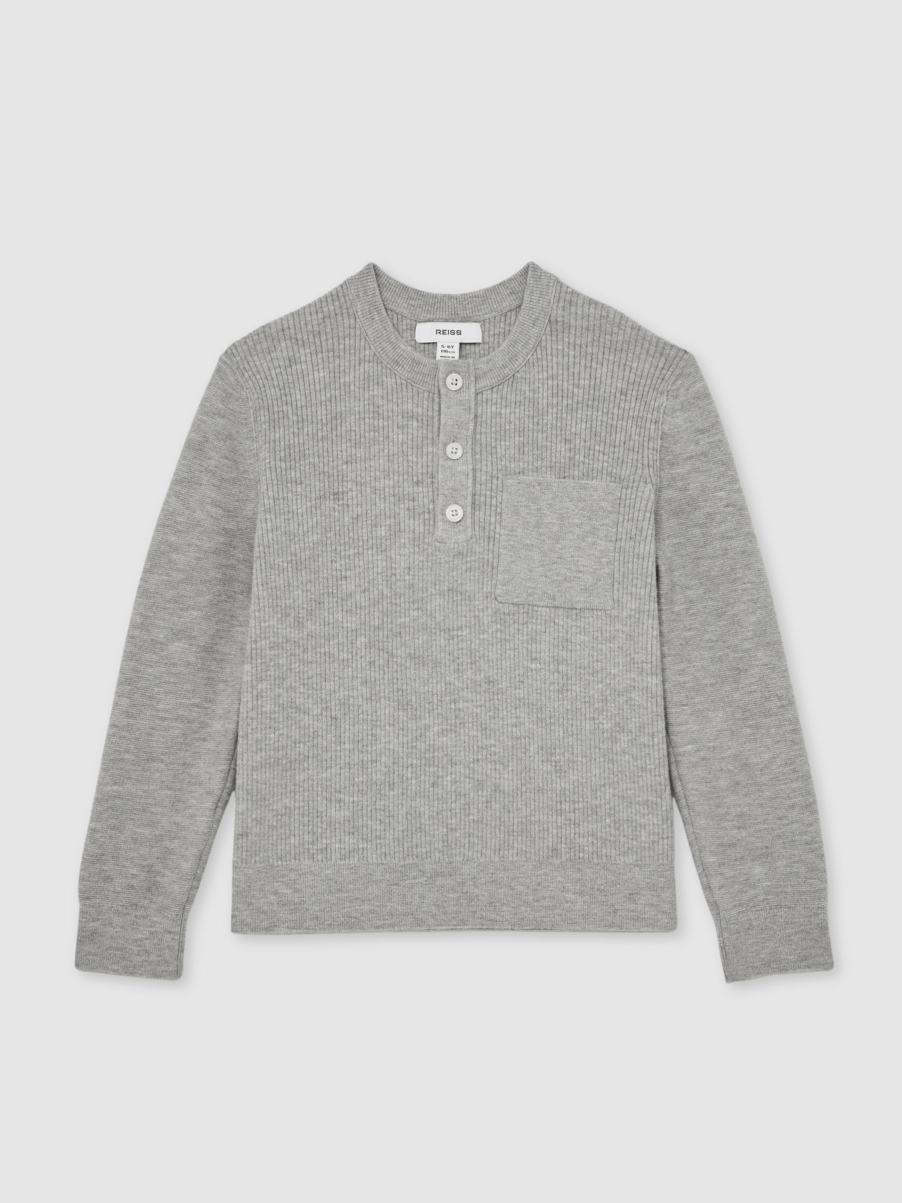 3-9 yrs Cotton-Blend Rib-Knit Henley Top in Mid Grey Melange