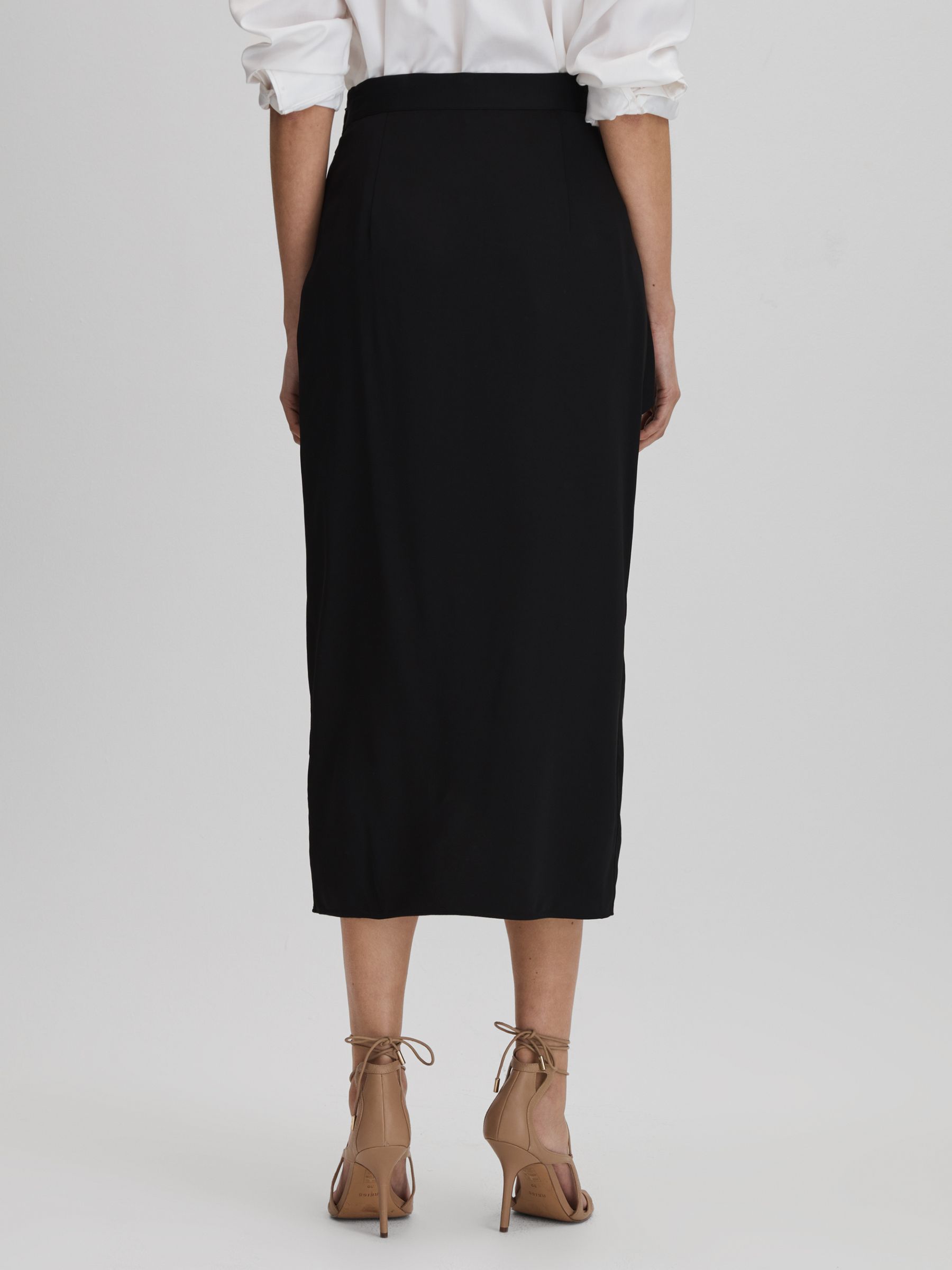 High Rise Draped Midi Skirt in Black