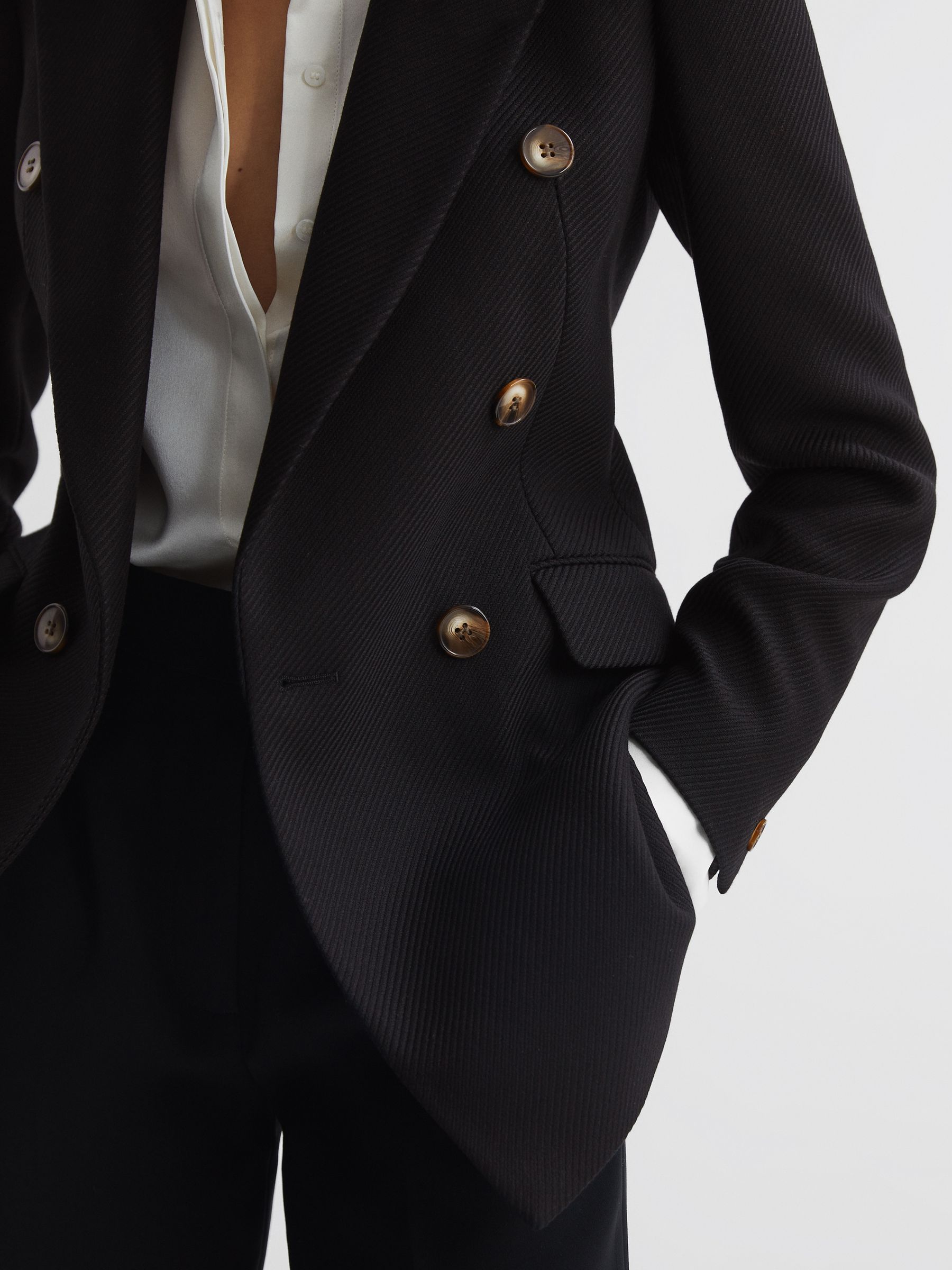 Petite Double Breasted Twill Blazer in Black