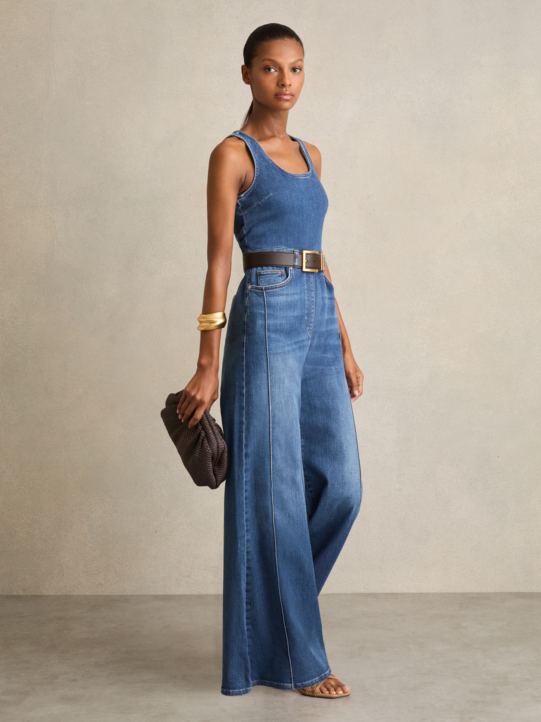 Wide-Leg Racer-Back Denim Jumpsuit in Indigo