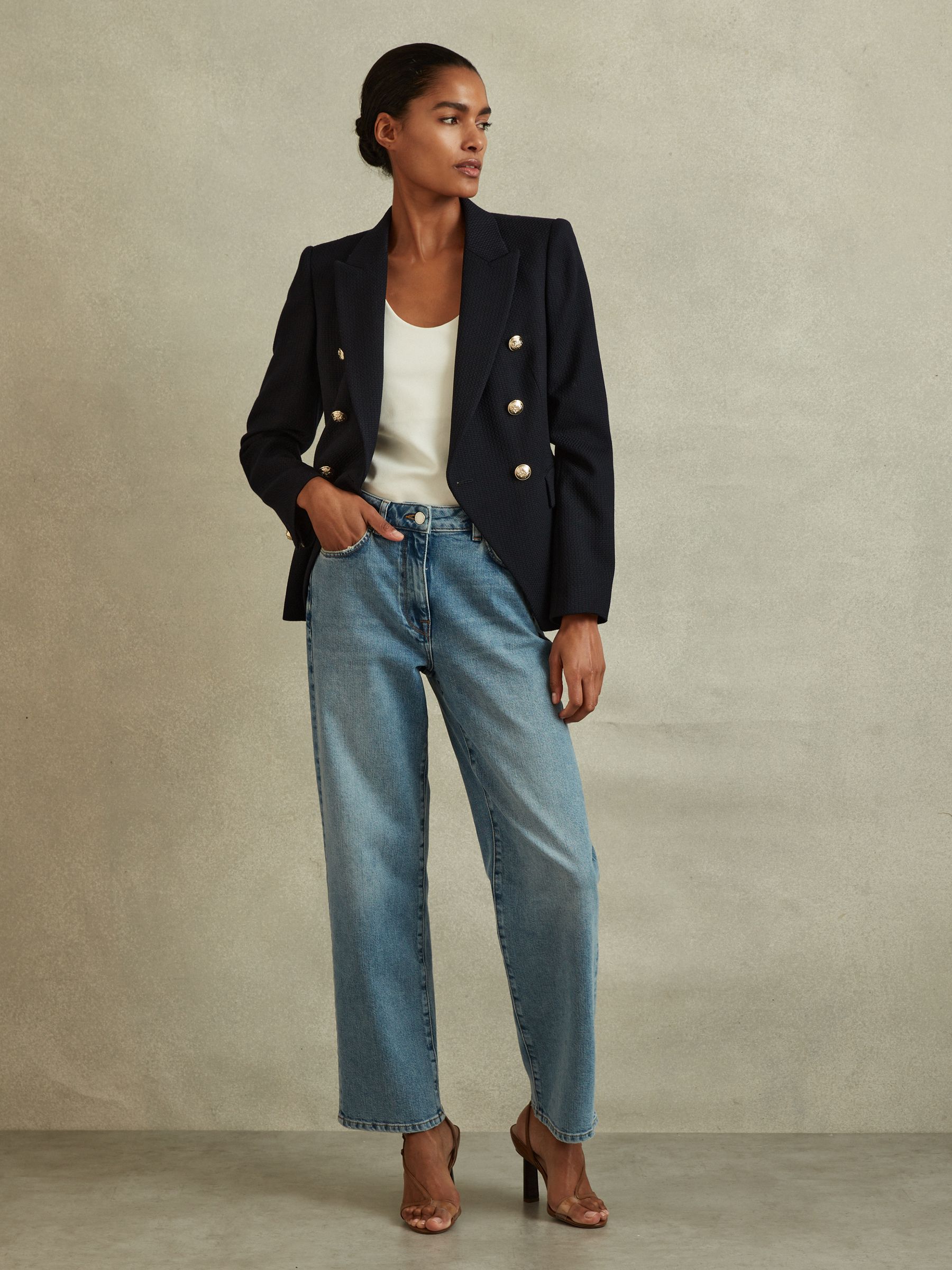 Petite Tailored Fit Textured Double Breasted Blazer in Navy