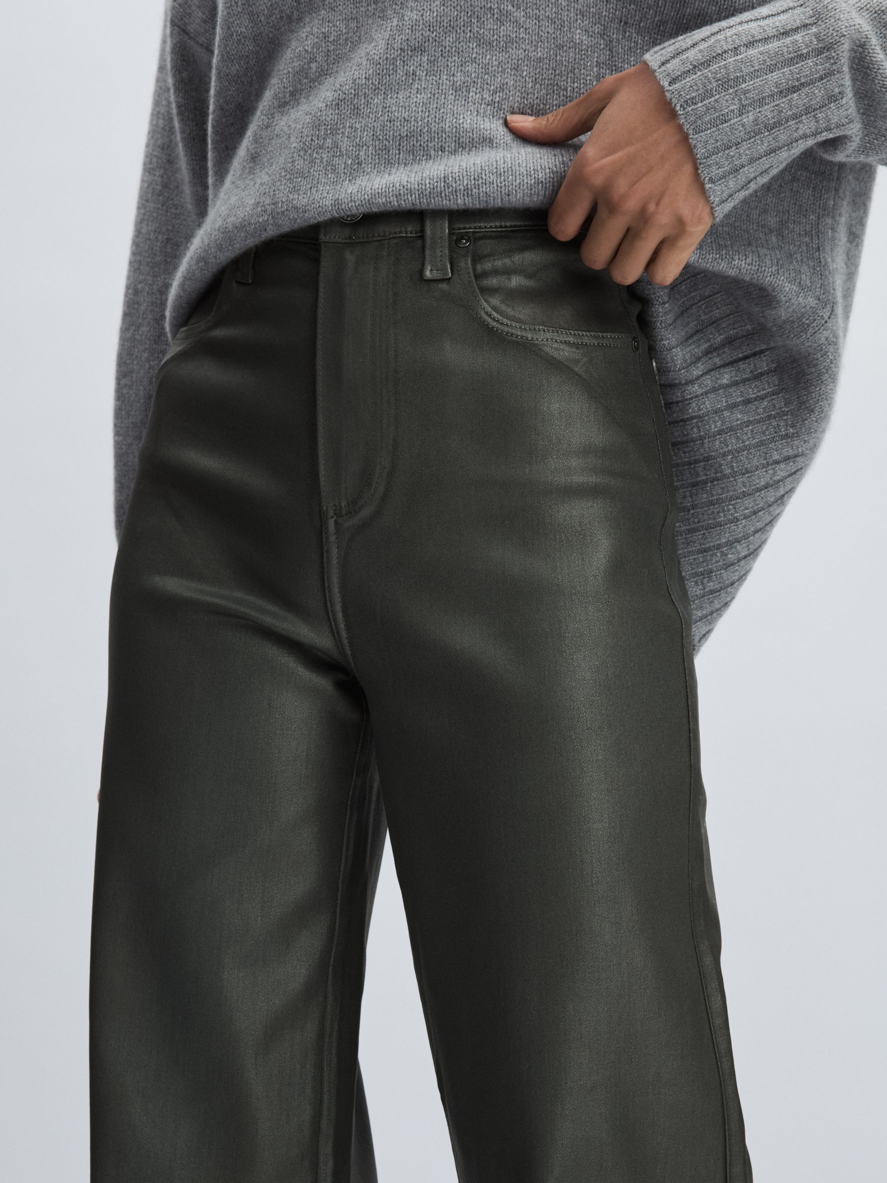 Paige Leather-Look Wide-Leg Jeans in Dark Green