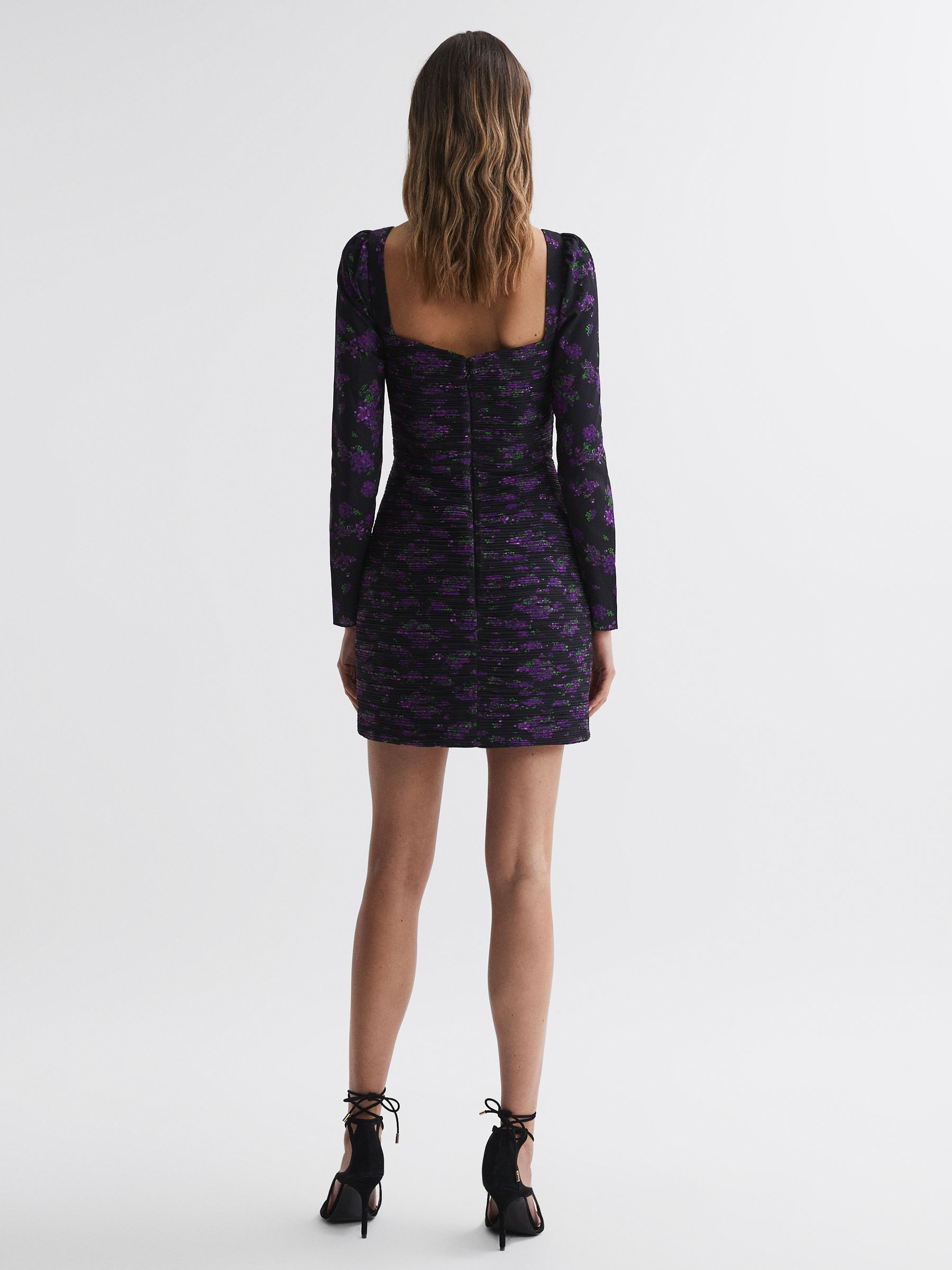 Amur Pleated Floral Bodycon Mini Dress in Hydrangea Berry