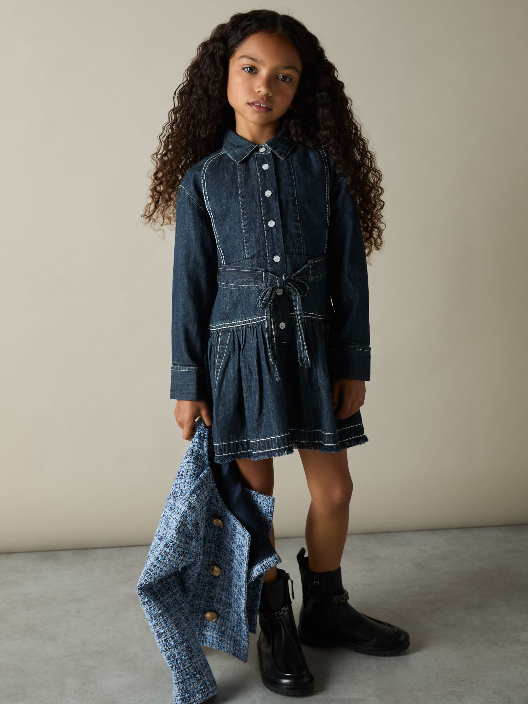 13-14 yrs Chambray Contrast-Stitch Flippy Dress in Blue