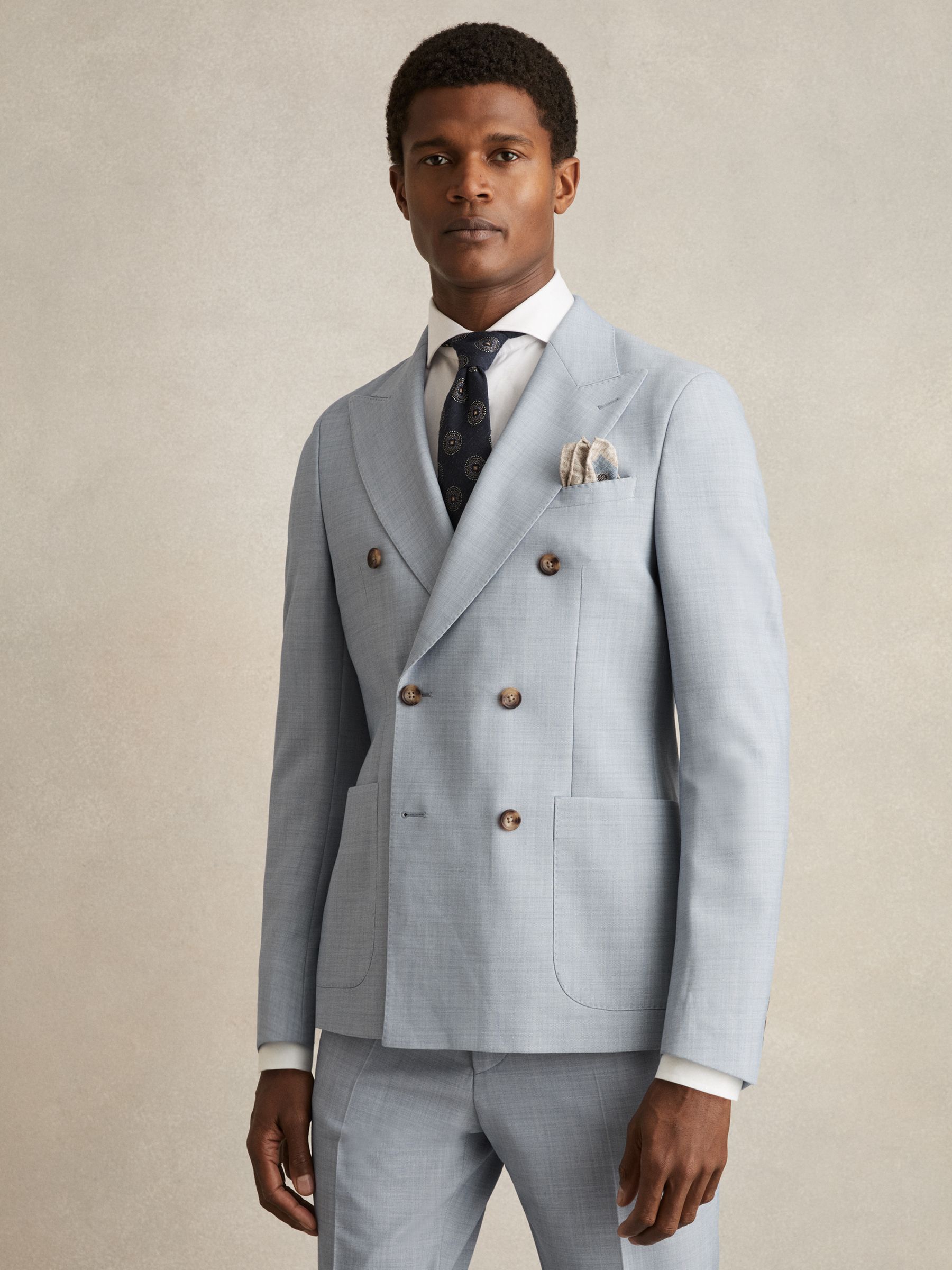 Double-Breasted Textured Suit Blazer With Wool Slim-Fit in Soft Blue