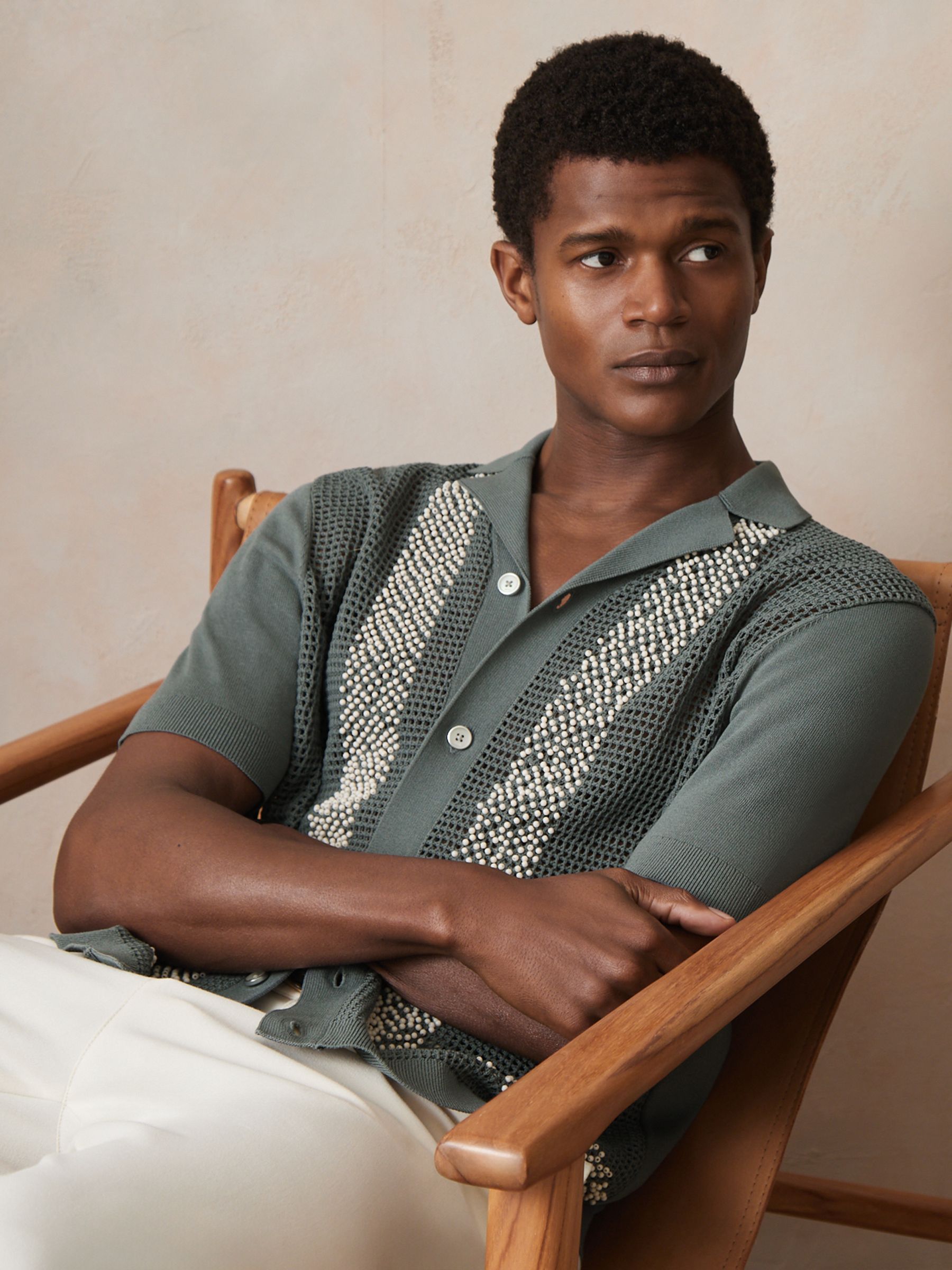 Reiss | Ché Beaded Crochet Shirt in Sage