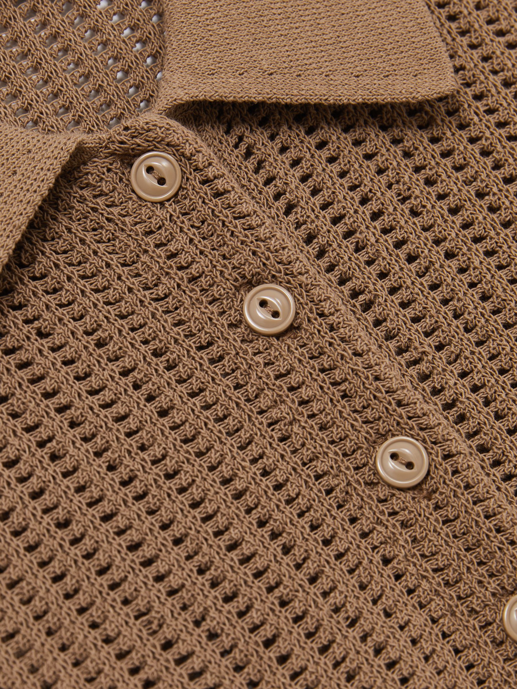 Cotton-Blend Open-Knit Polo Shirt in Tan