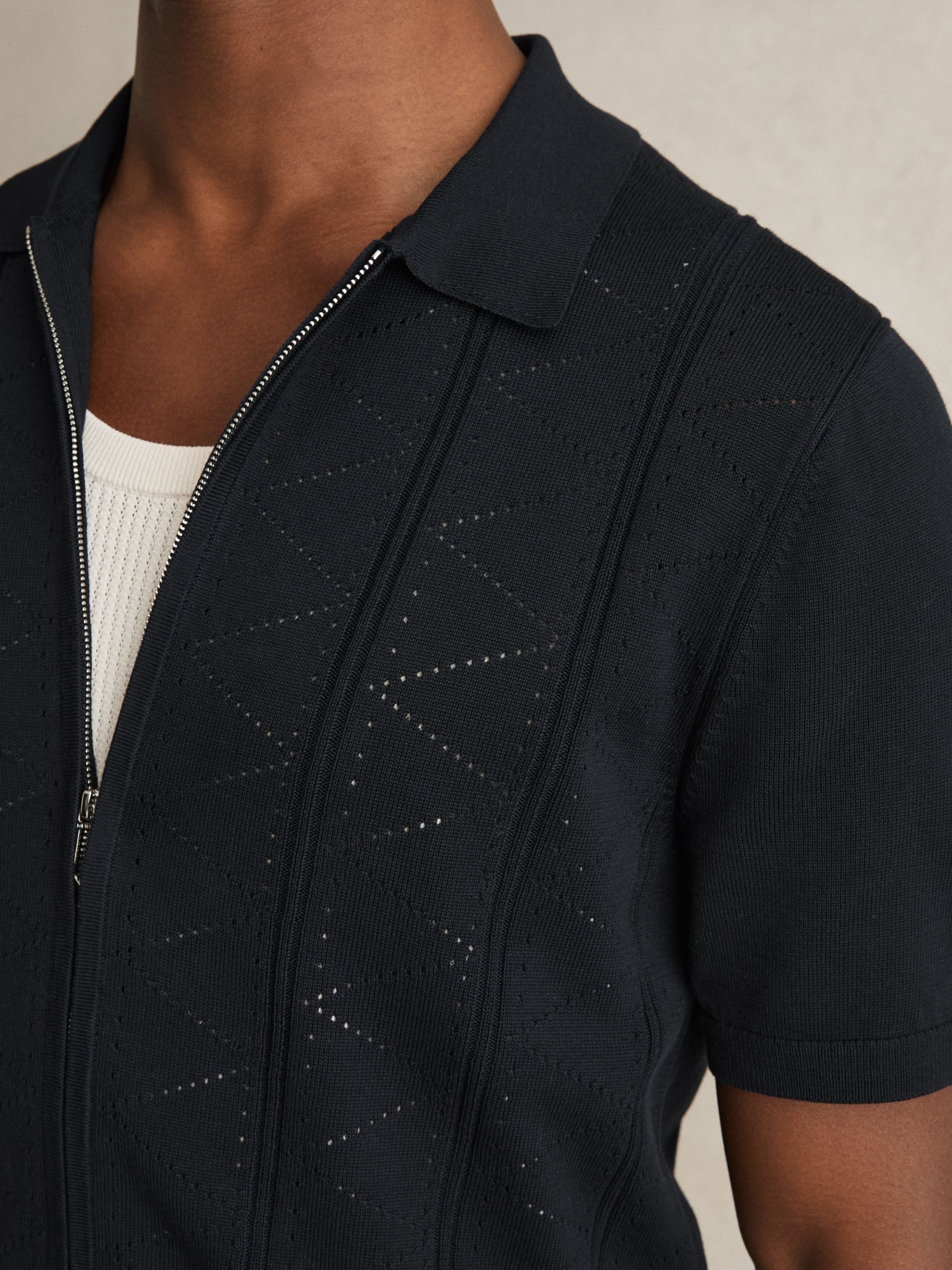 Pointelle-Knit Zip-Through Shirt in Navy