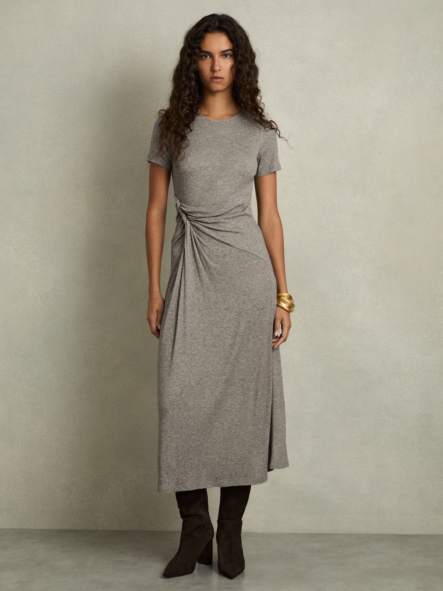 Jersey Twist-Detail Midi Dress in Grey