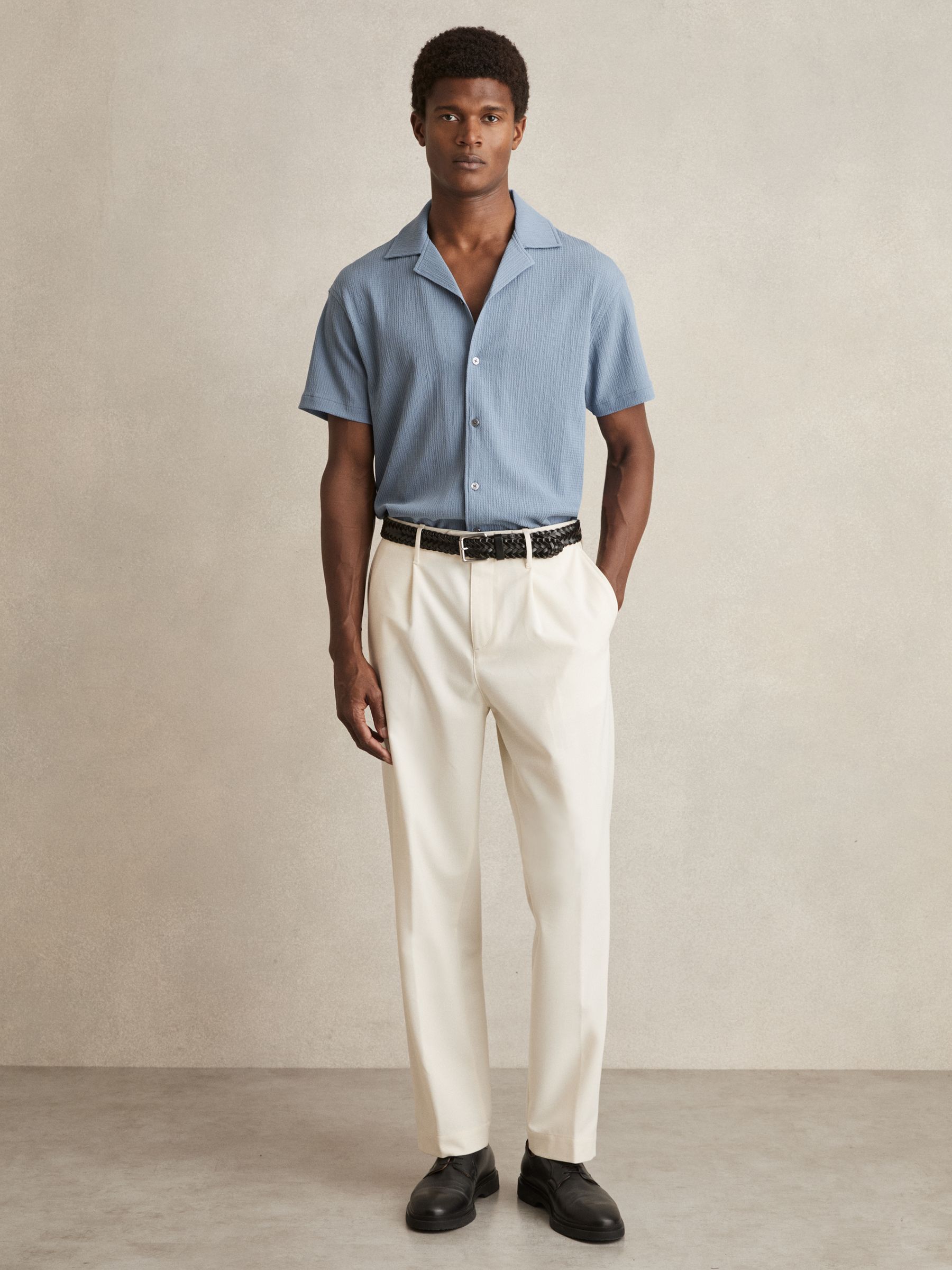 Textured Crepe Cuban Collar Shirt in Soft Blue