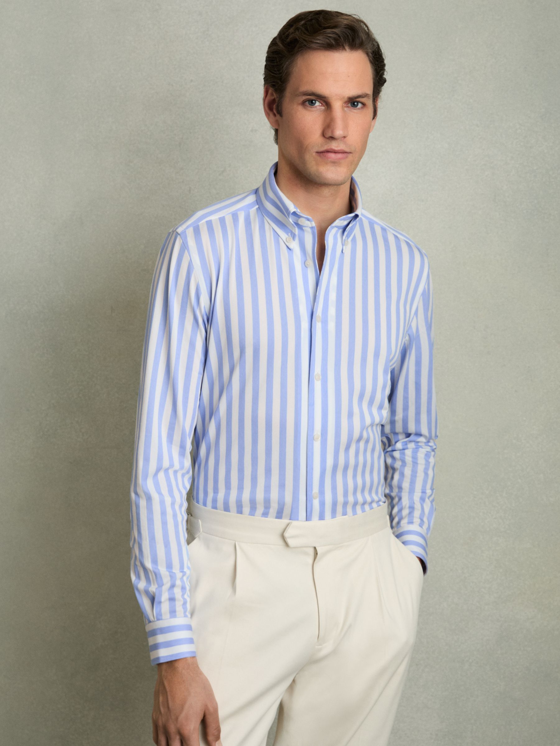Striped Jersey Button Down Shirt With Cotton in Pale Blue Stripe