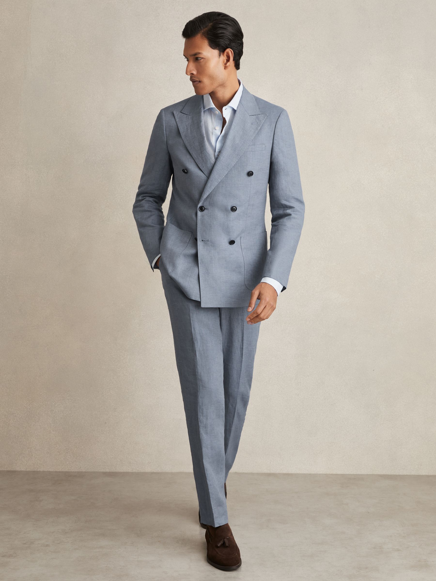 Slim-Fit Linen Double-Breasted Suit Blazer in Airforce Blue