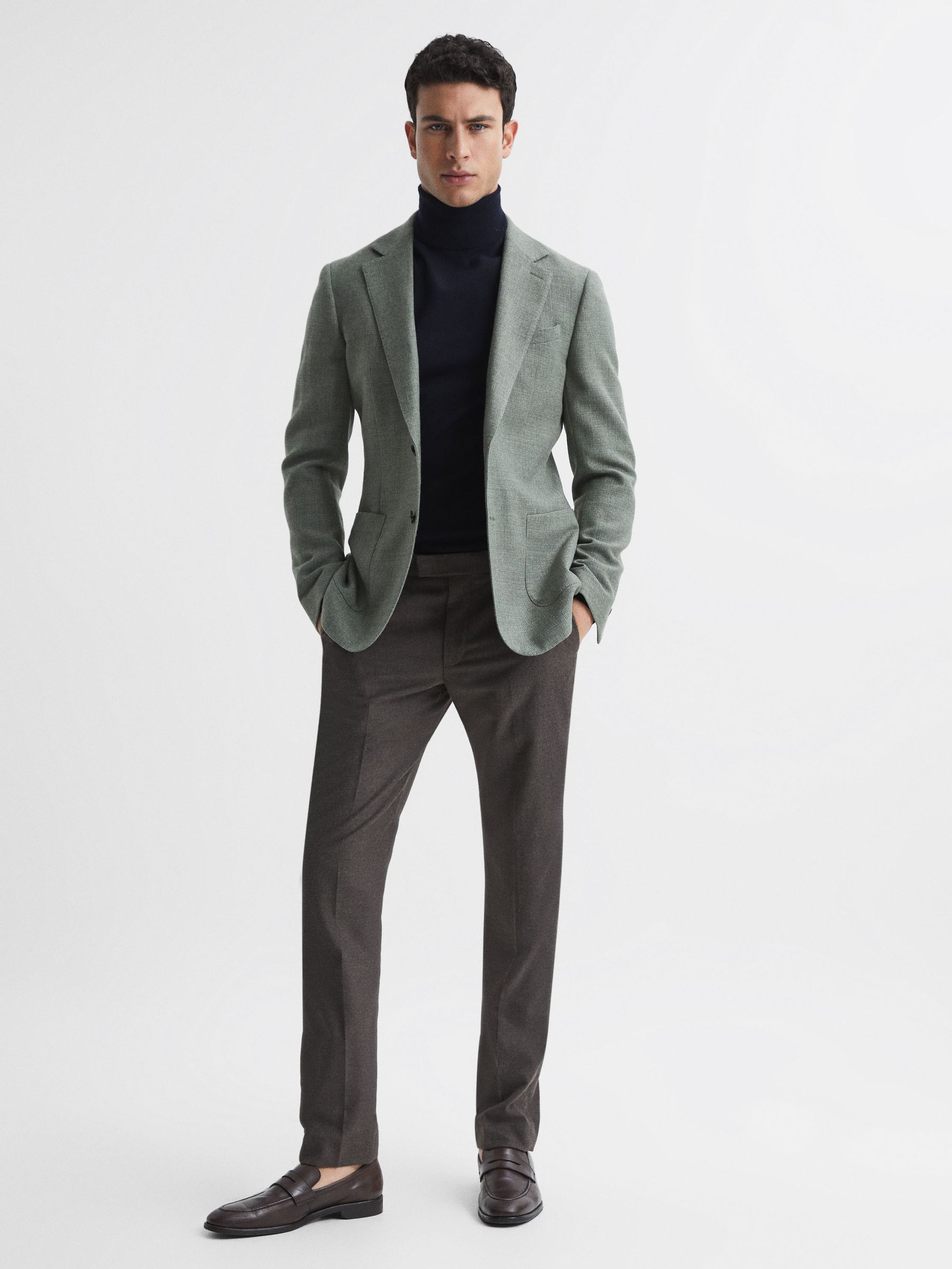 Slim Fit Merino Wool Roll Neck Jumper in Navy