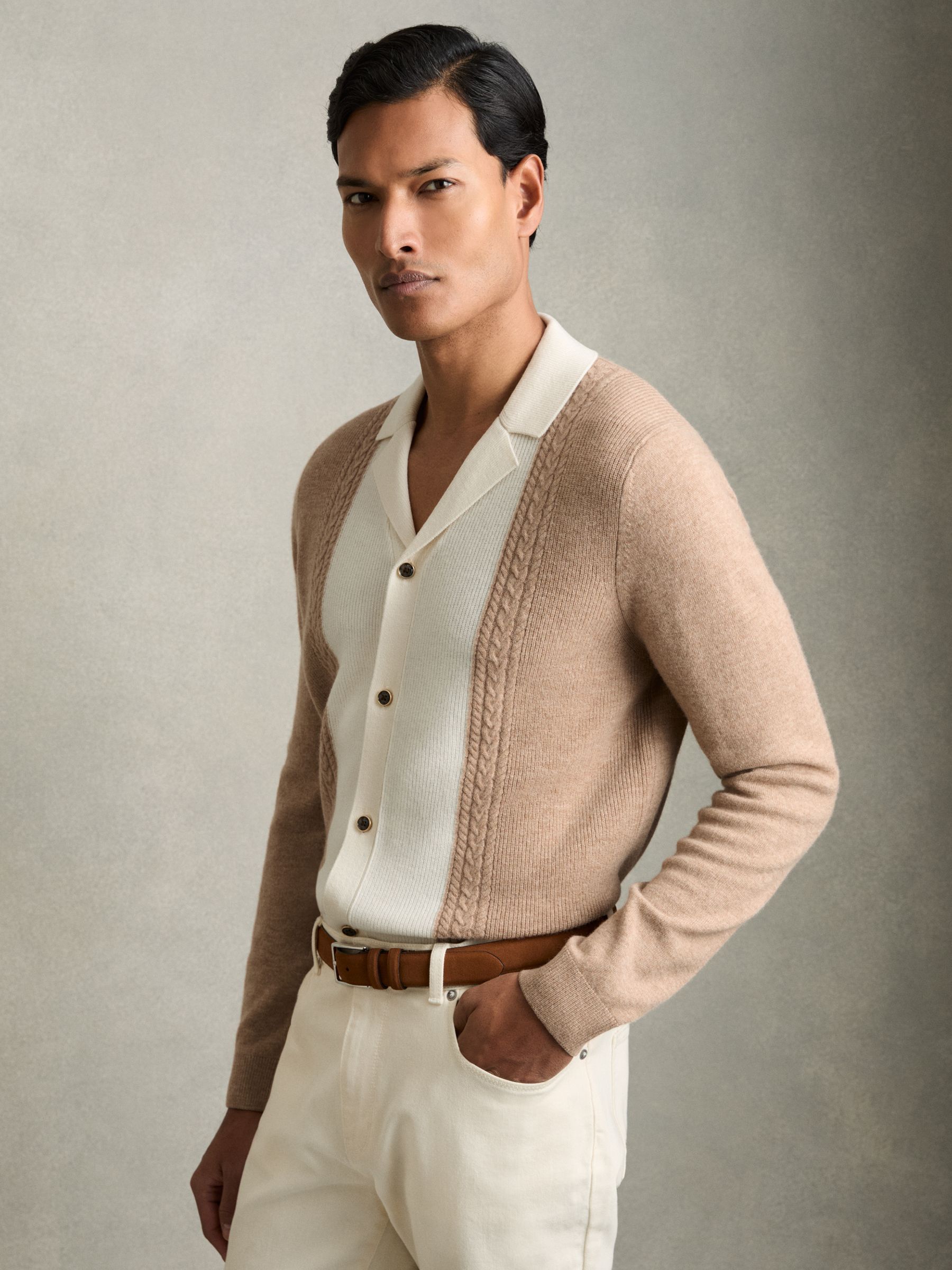 Wool Colourblock Knitted Shirt in Camel