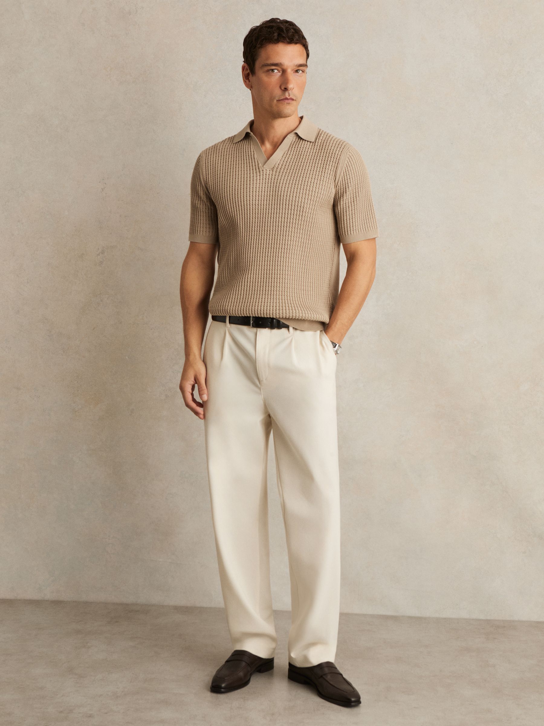 Micro-Cable Open-Collar Cotton-Blend Shirt in Light Camel Brown