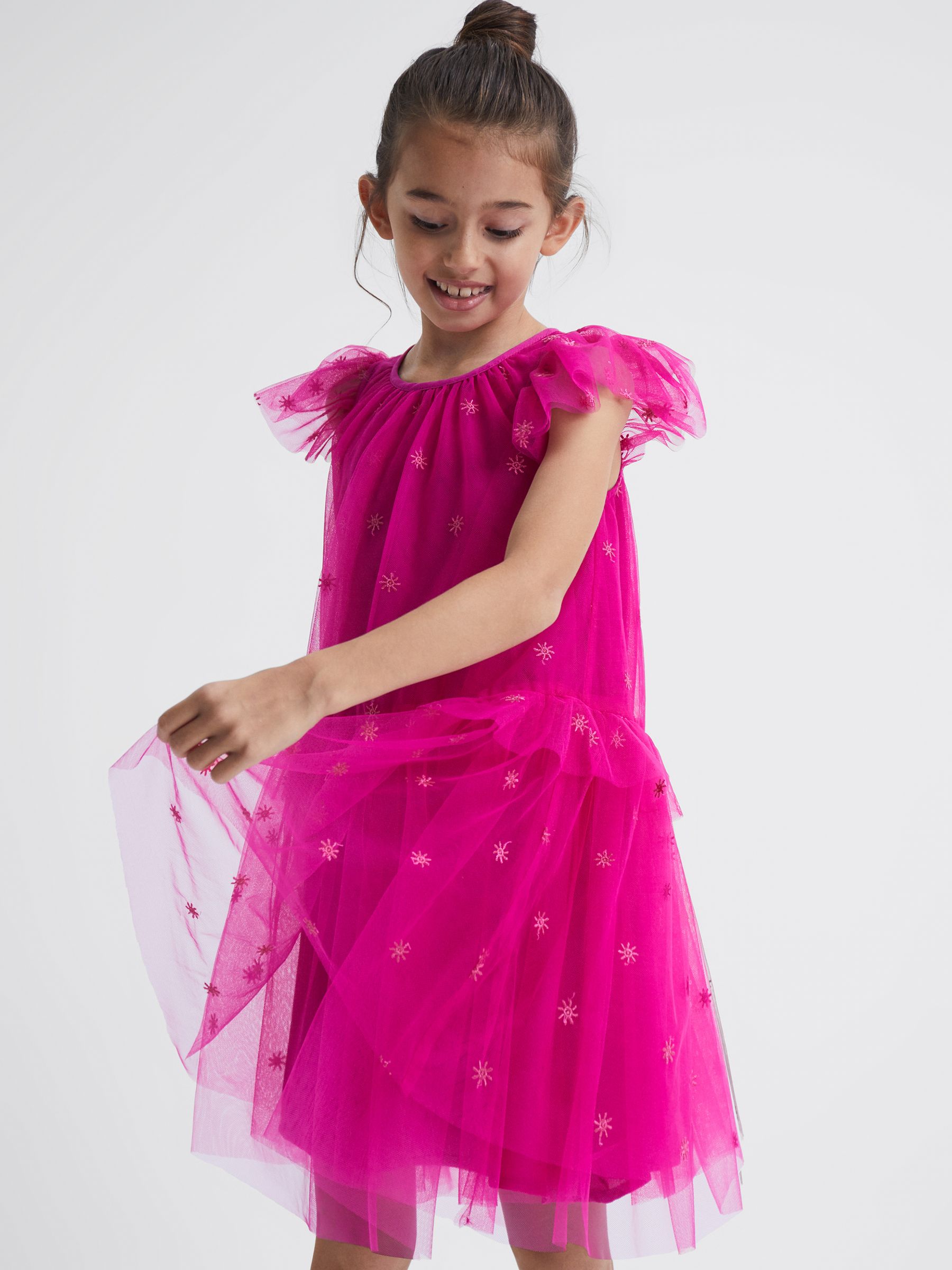 Junior Tulle Embroidered Dress in Bright Pink