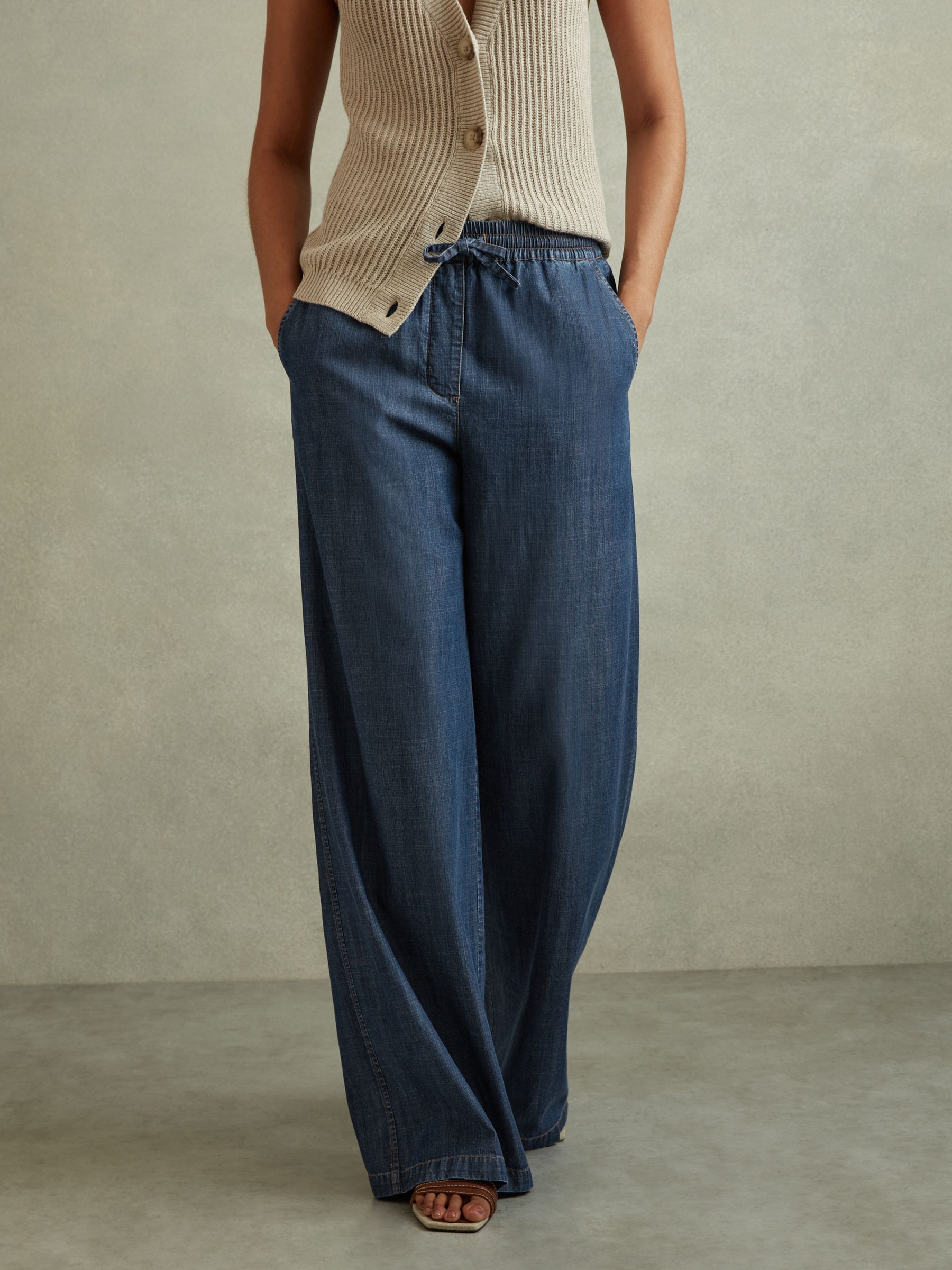 Denim Look Wide Leg Trousers in Mid Blue