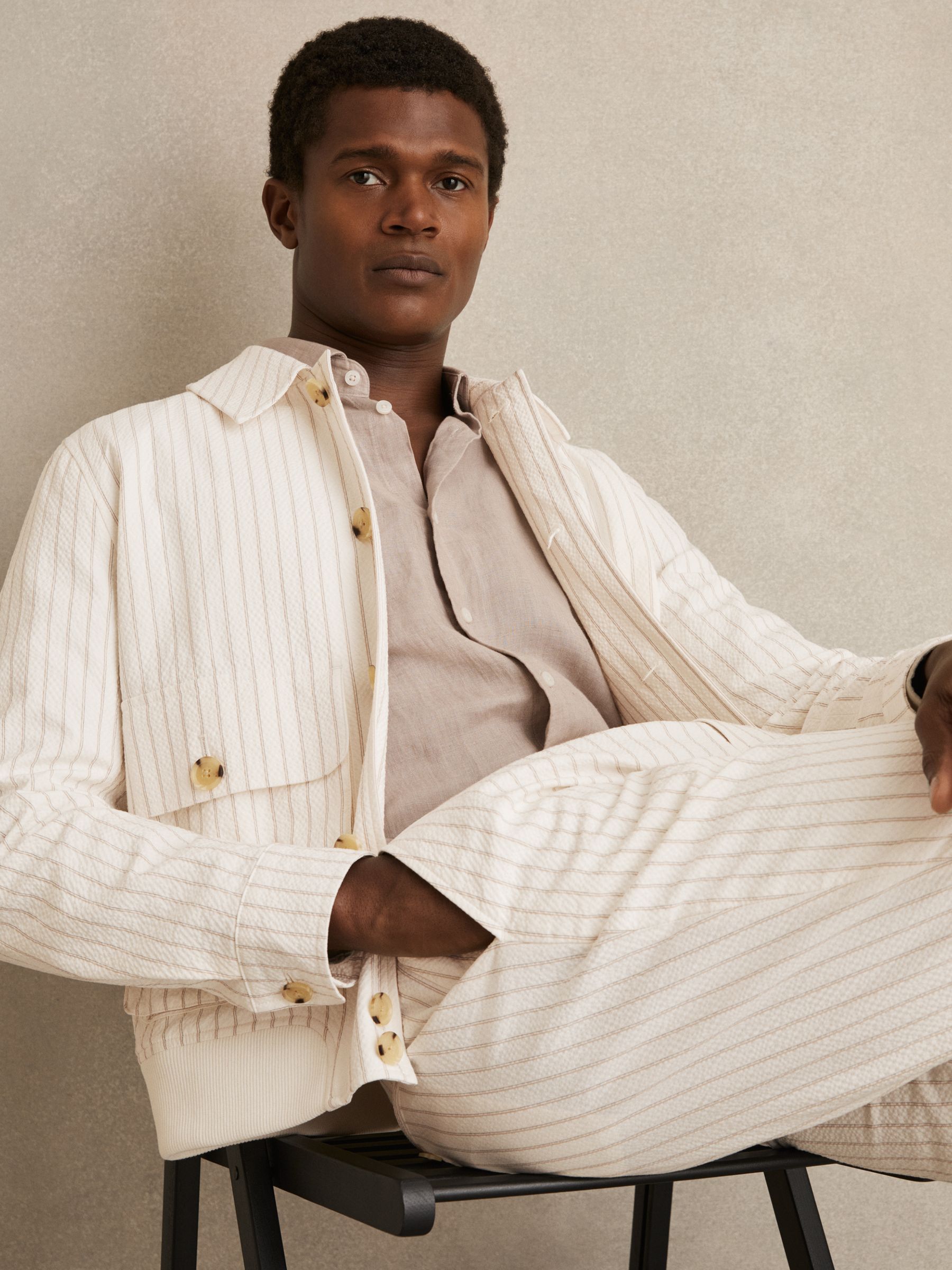 Cotton-Blend Pinstripe Harrington Jacket in Off White/Taupe Brown