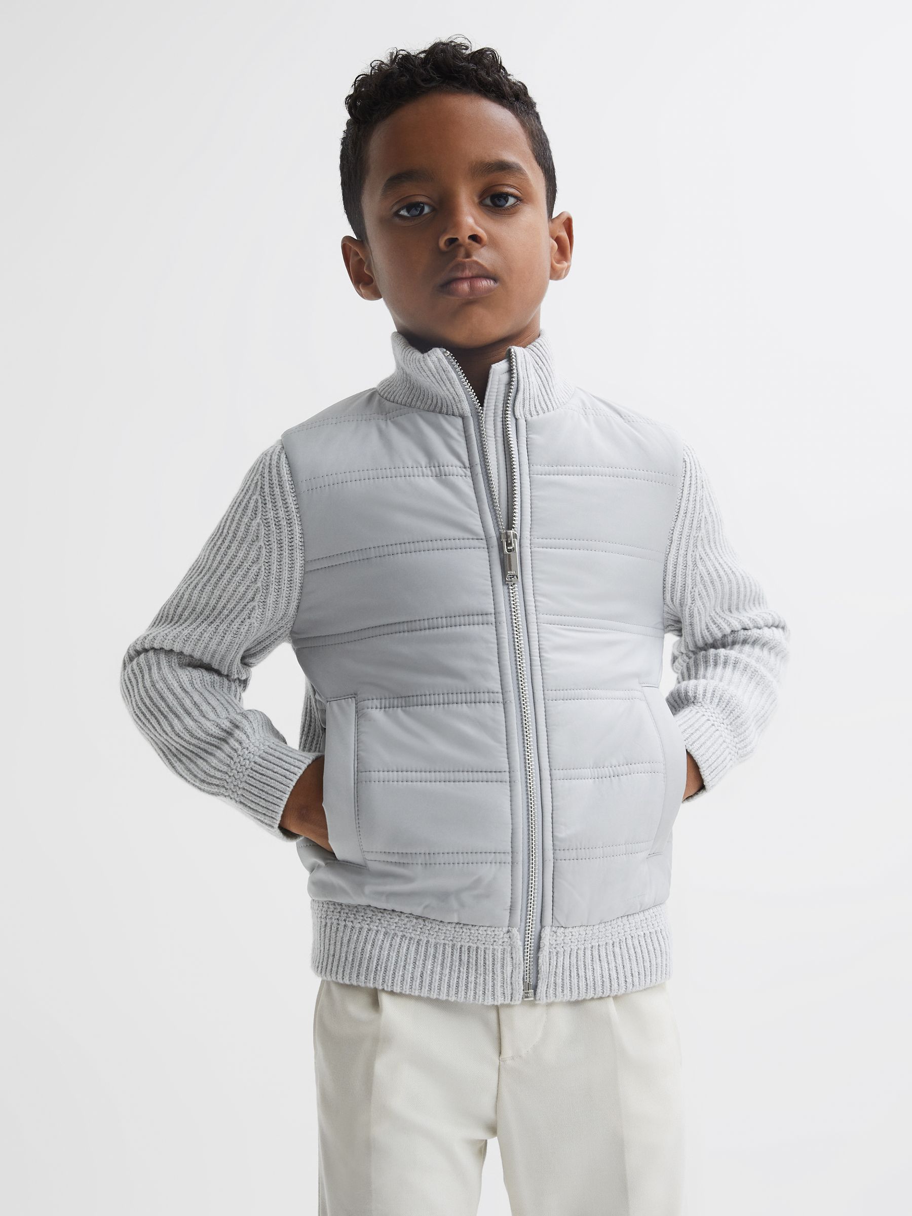 9-14 yrs Hybrid Zip Through Quilted Jacket in Soft Grey Melange