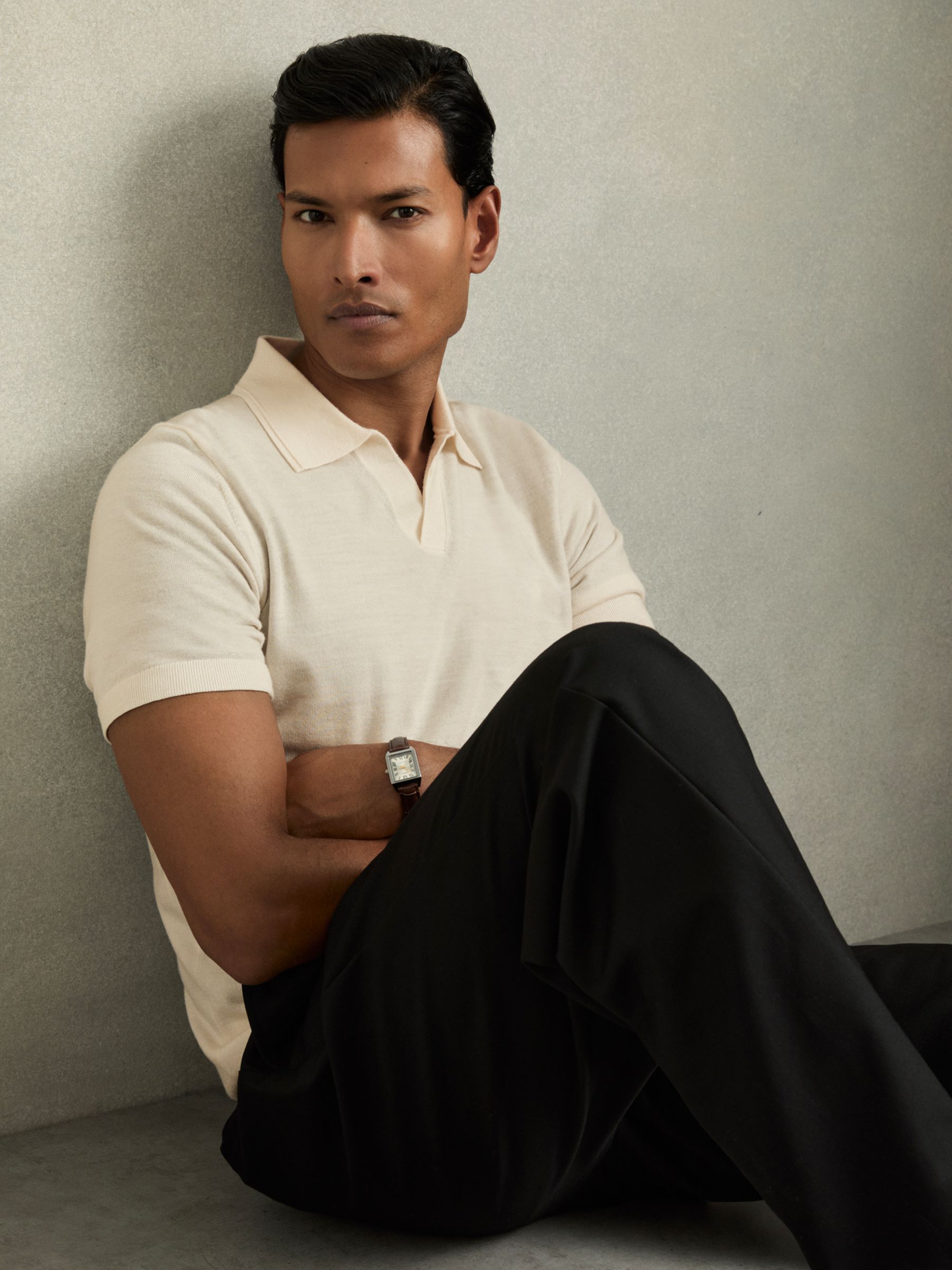 Merino Wool Open Collar Polo Shirt in Snow White