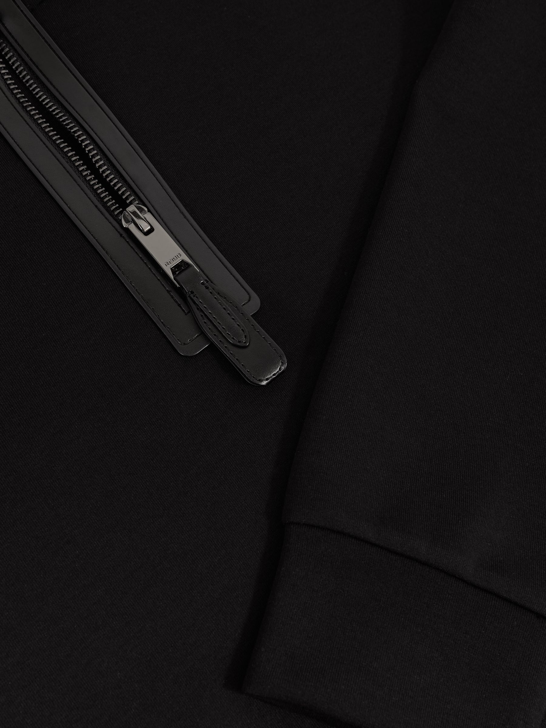 Leather-Placket Interlock Sweatshirt in Black