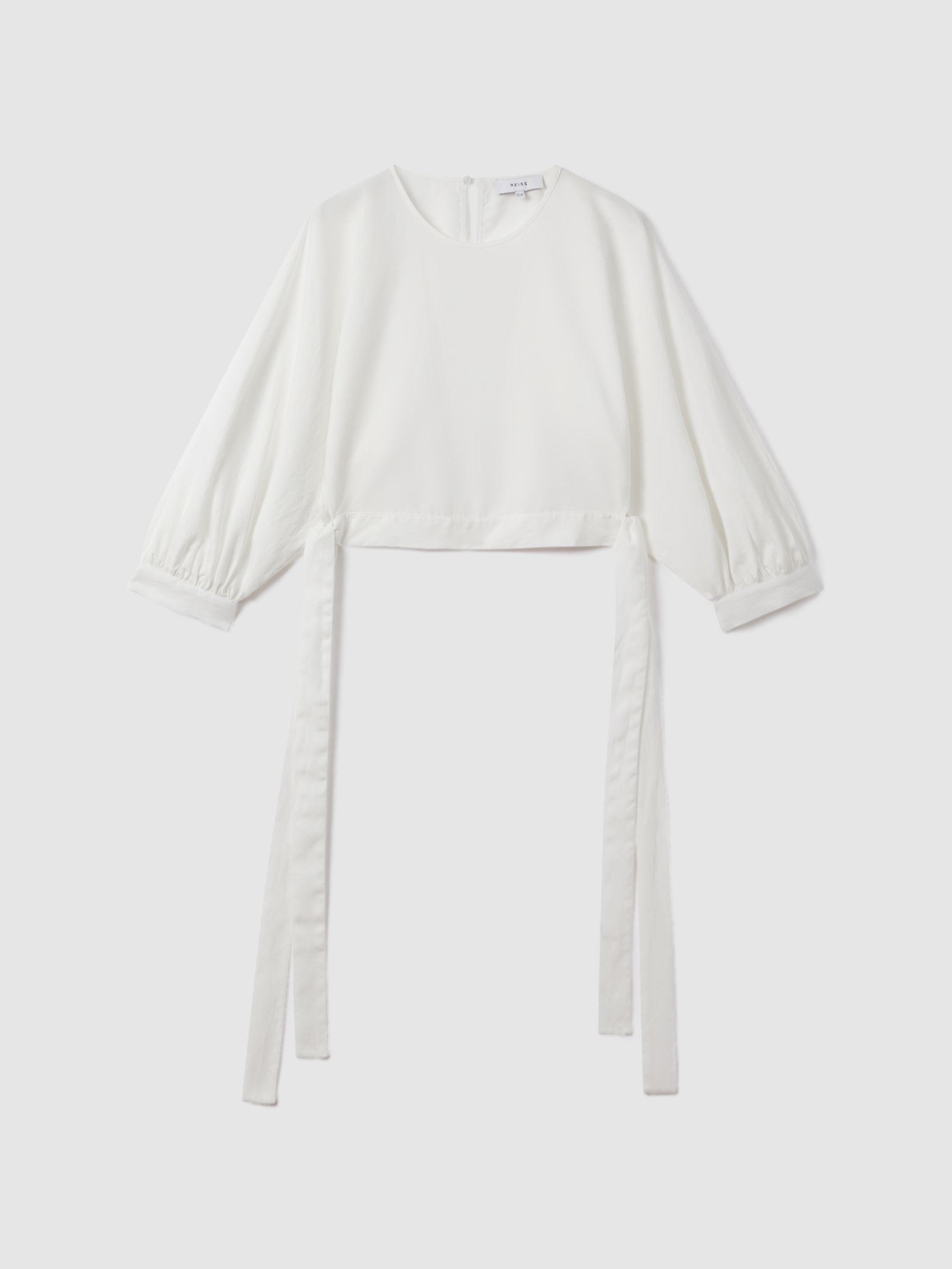 Cropped Blouson Sleeve Top With Linen in Ivory