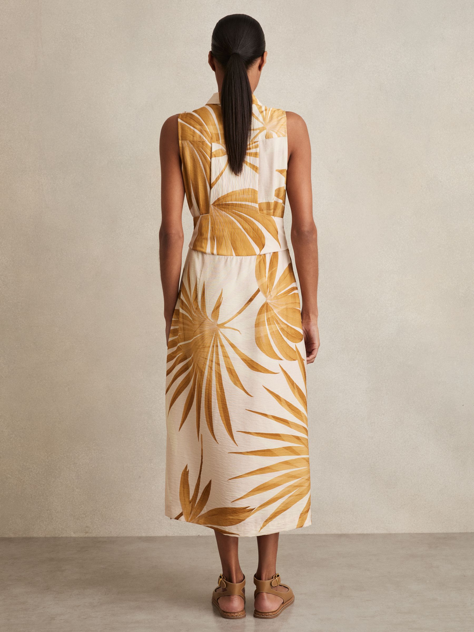 Petite Palm-Print Sleeveless Shirt Dress in Neutral