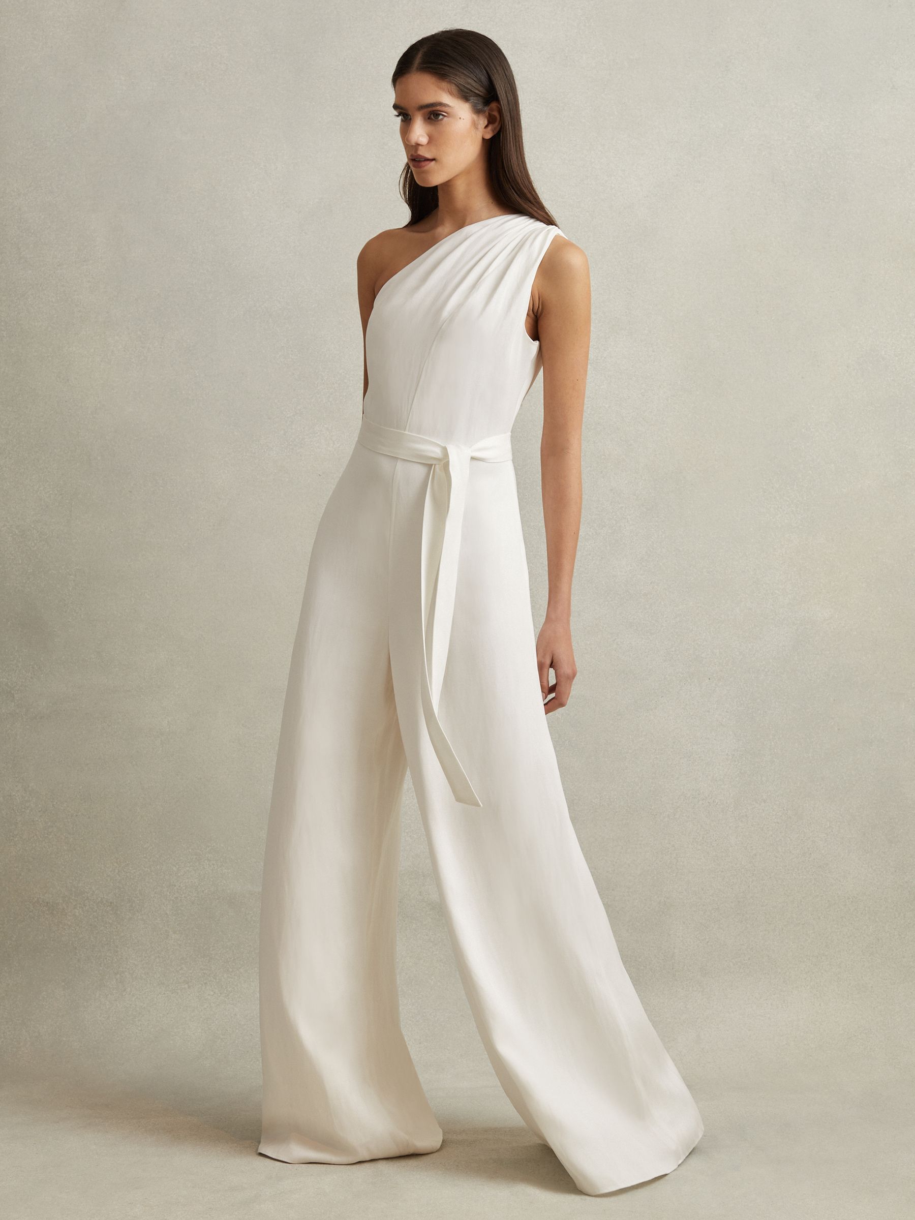 One-Shoulder Belted Jumpsuit in Ivory