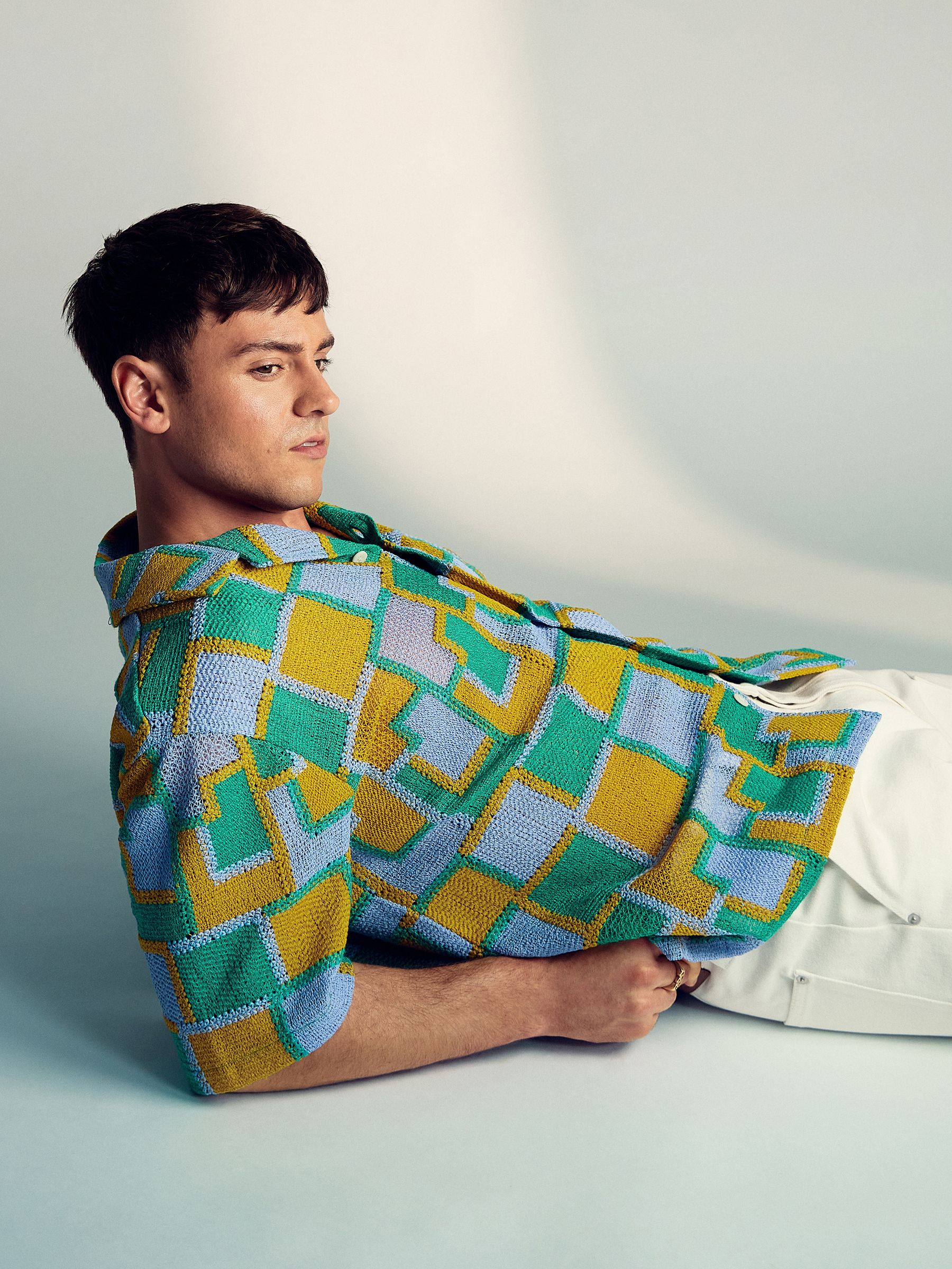Reiss | Tom Daley Tile Crochet Shirt in Yellow/Green/Blue Multi