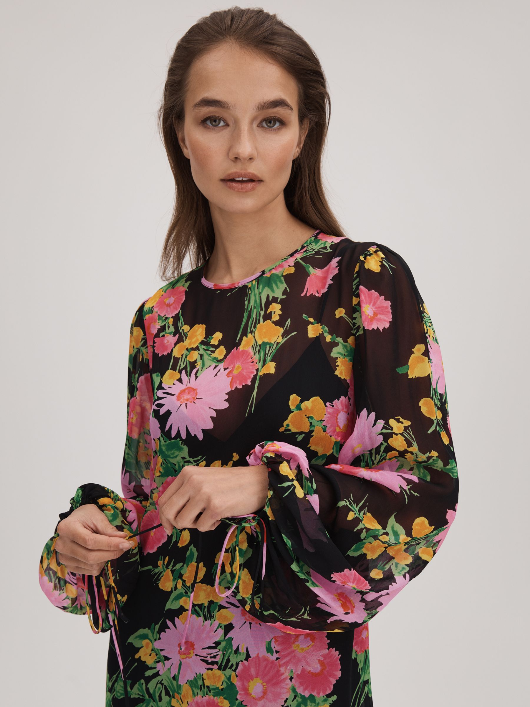 Florere Sheer Asymmetric Midi Dress in Pink/Black