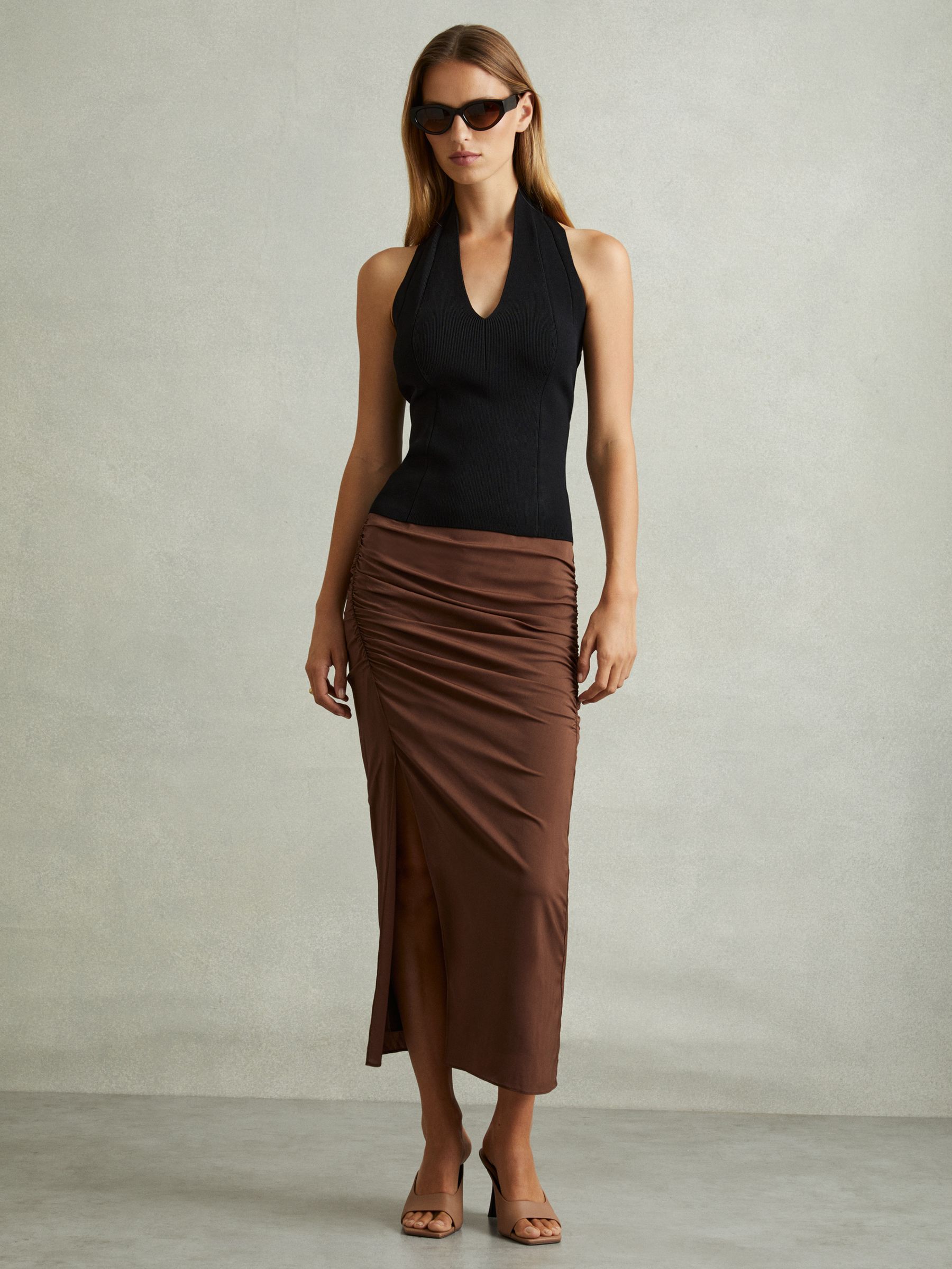 Ruched Front Split Midi Skirt in Chocolate