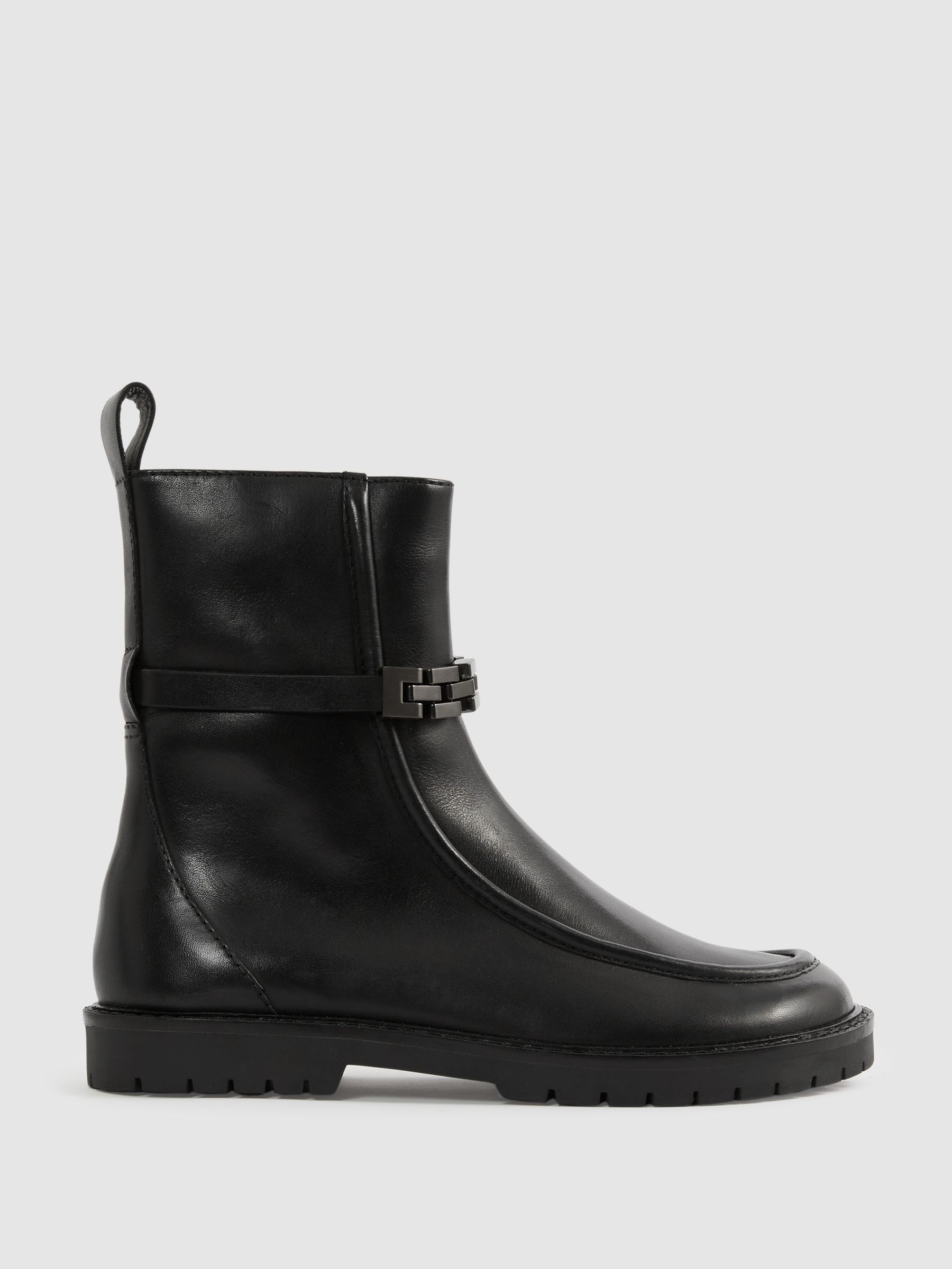 Leather Chain-Strap Ankle Boots in Black