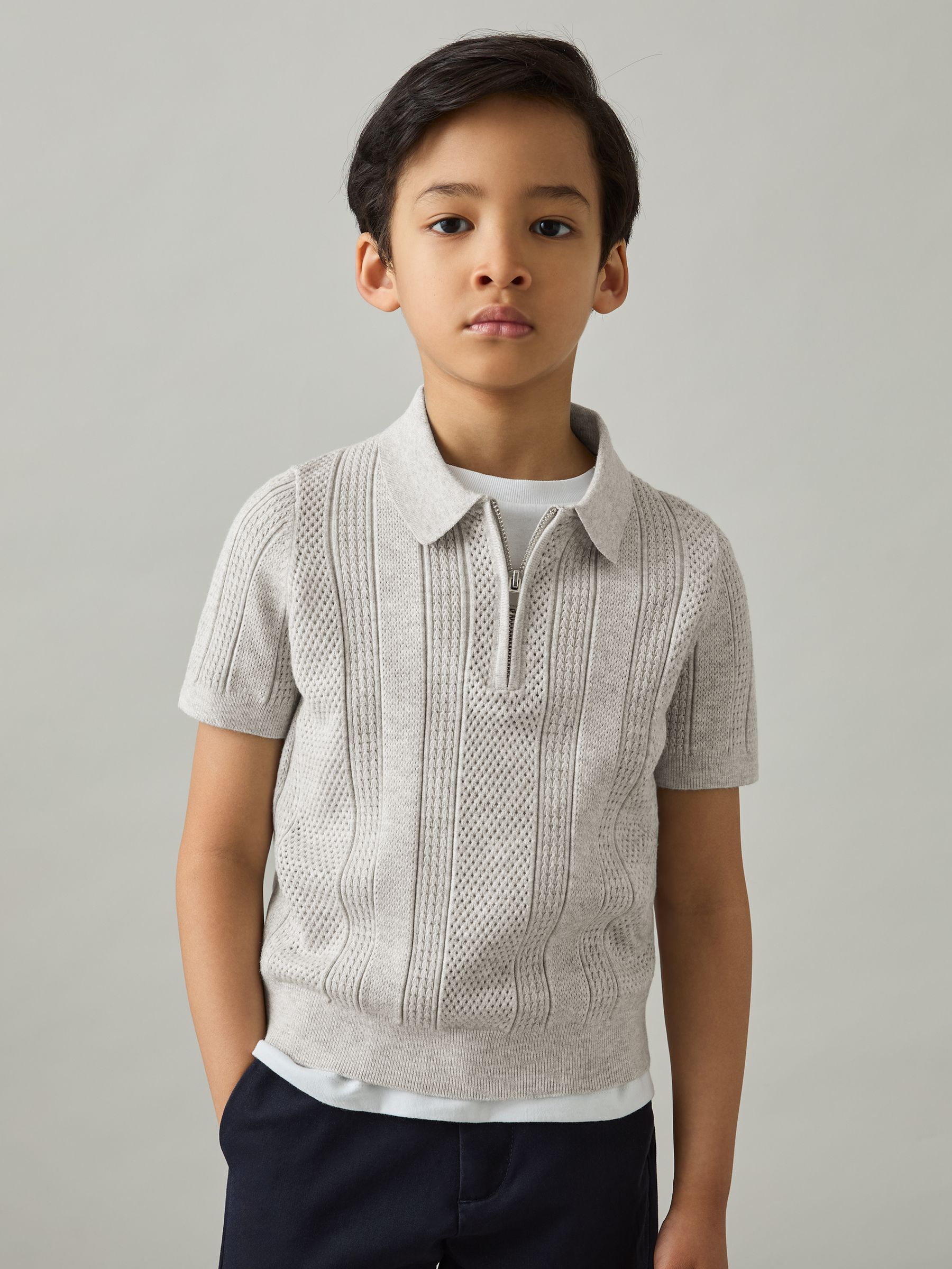 3-9 yrs Textured-Knit Half-Zip Polo Shirt in Grey Melange