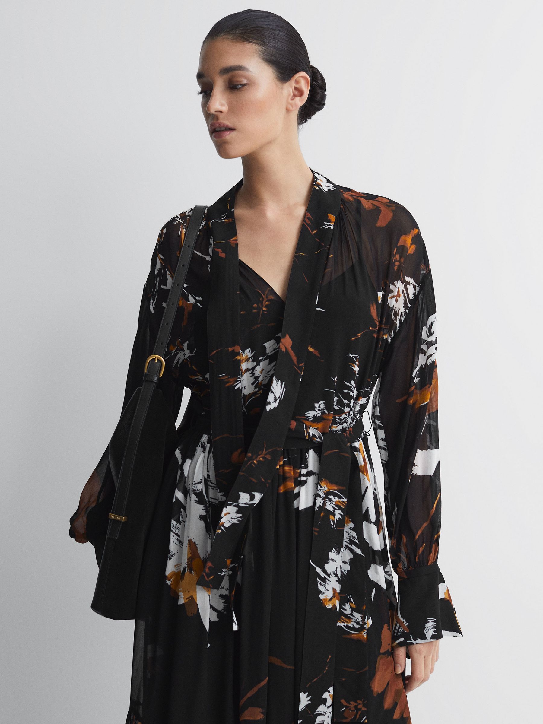 Floral Neck Tie Midi Dress in Black/Brown