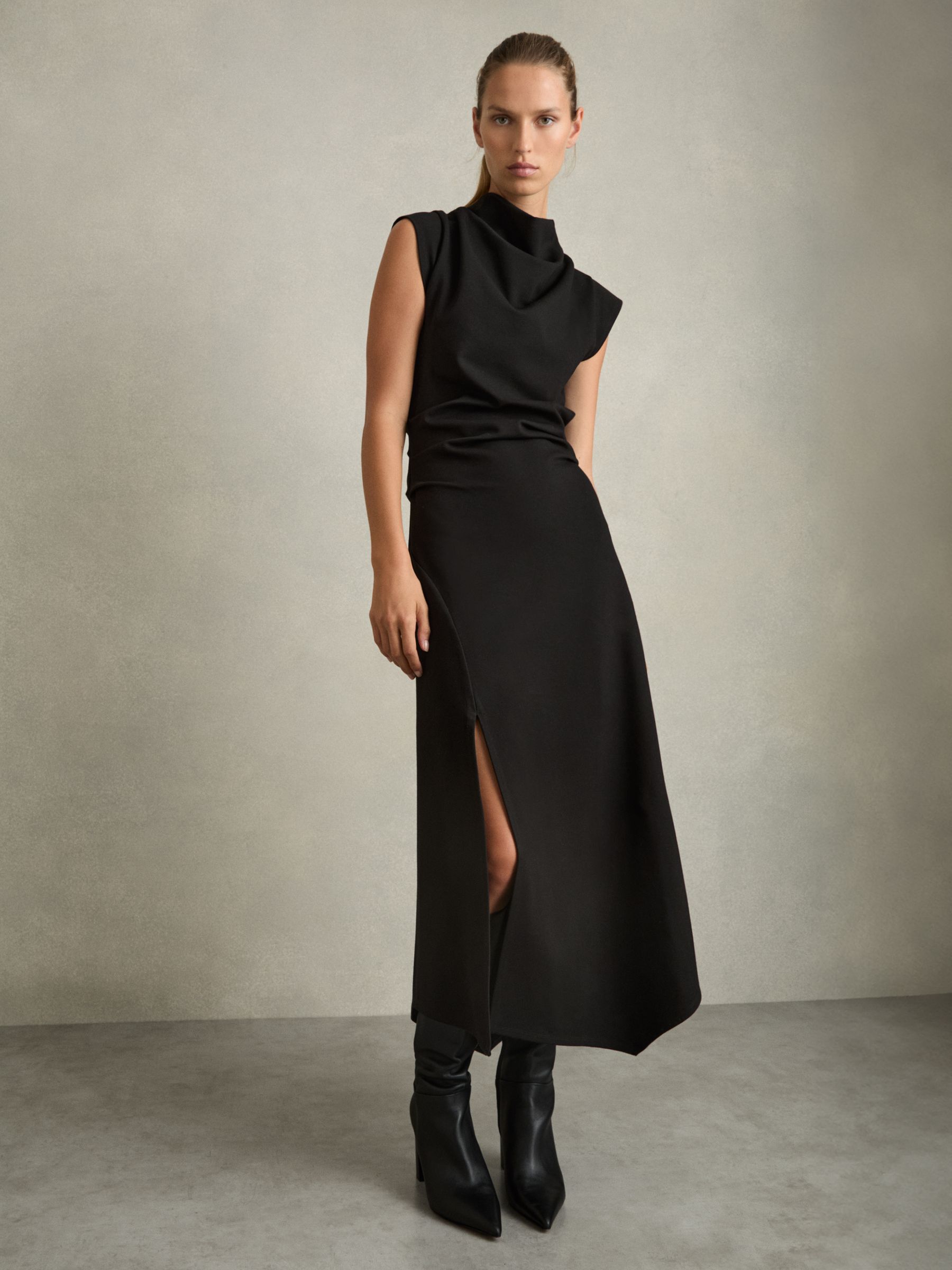 Twill-Jersey Draped Midi Dress in Black